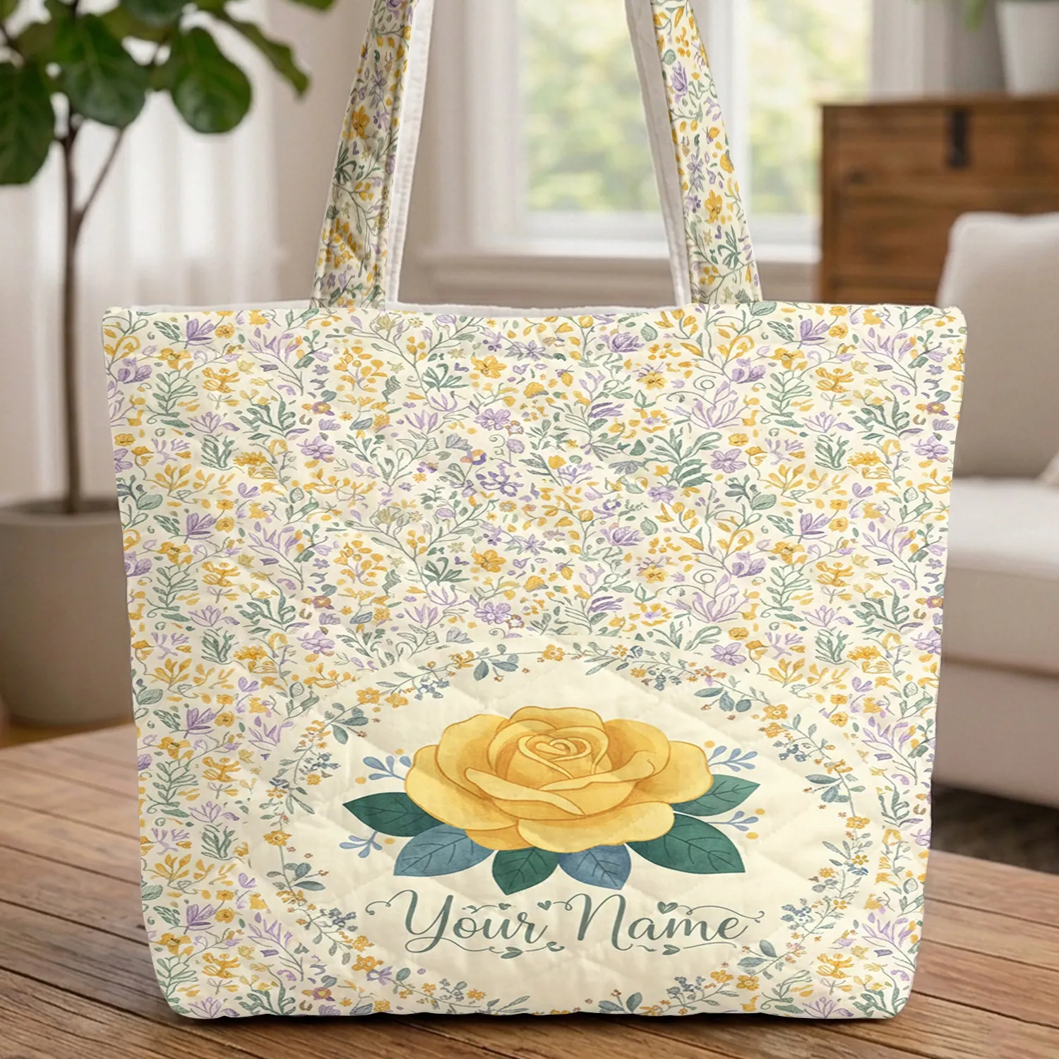Yellow Rose Green Leaves Floral Wreath Your Name - Botanical Garden Everyday Carry Gift Quilted Tote Bag - 1