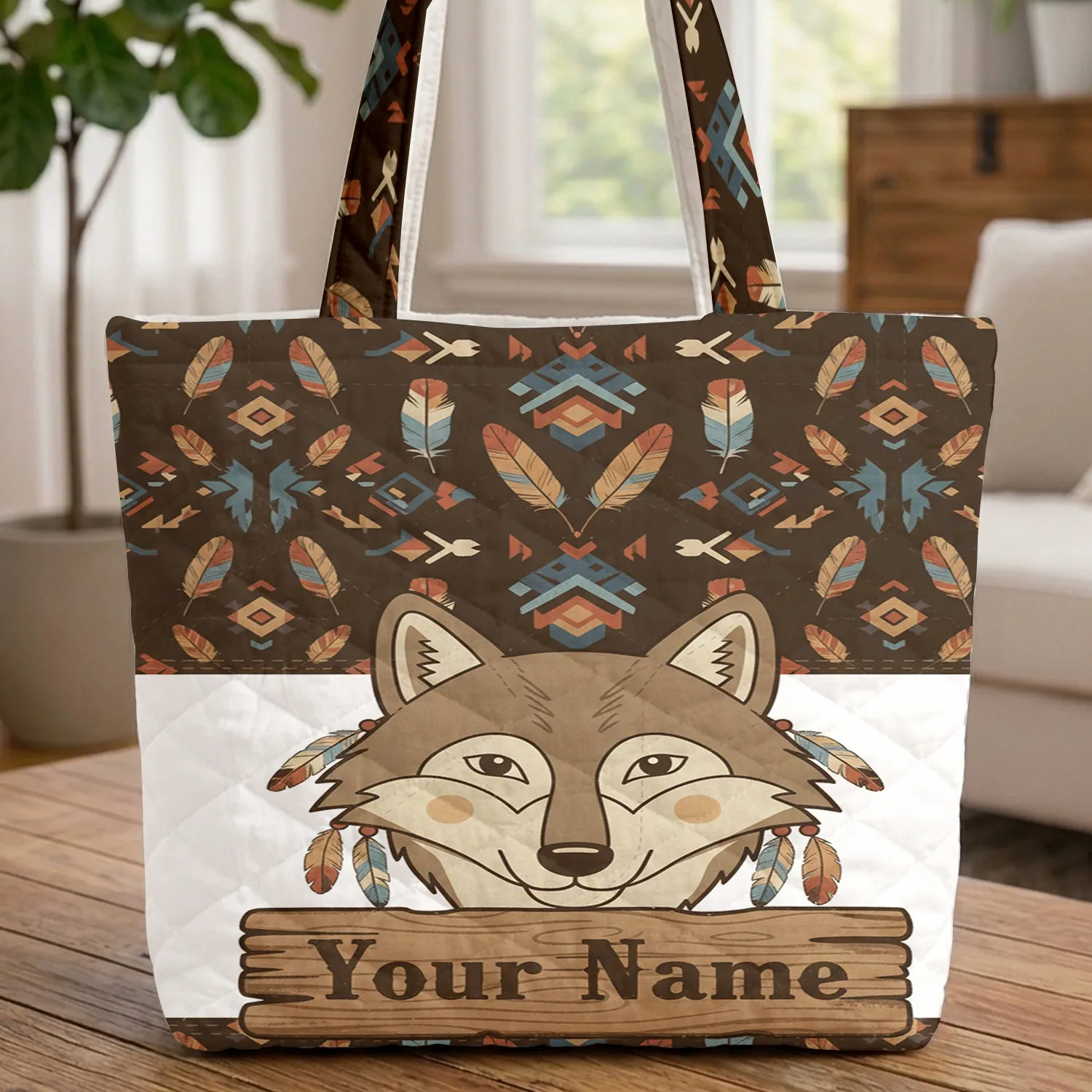 Wolf Head Feather Personalized Rustic Sign - Wildlife Lover Gift Quilted Tote Bag - 1