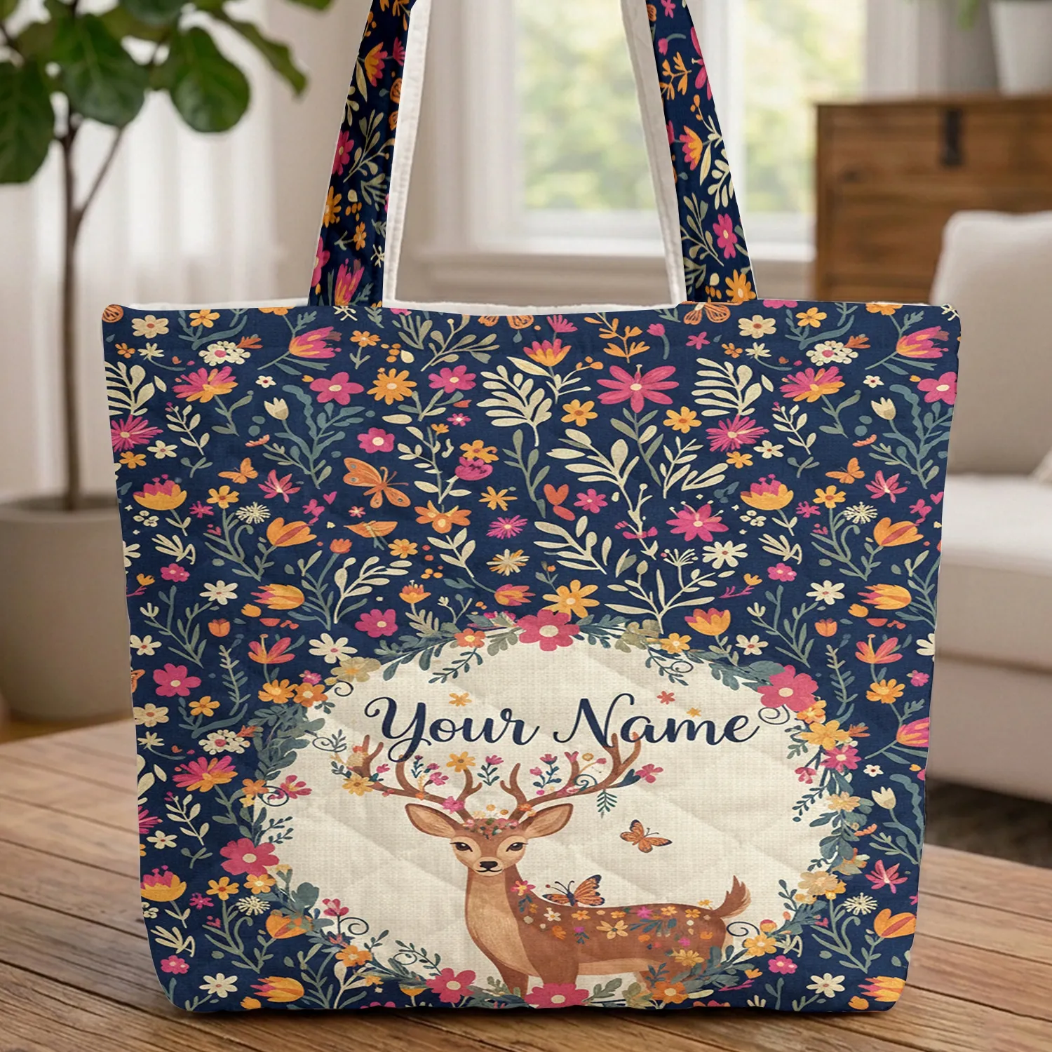 Deer Wildflower Monarch Butterfly Floral Wreath Your Name - Nature Gift Quilted Tote Bag - 1