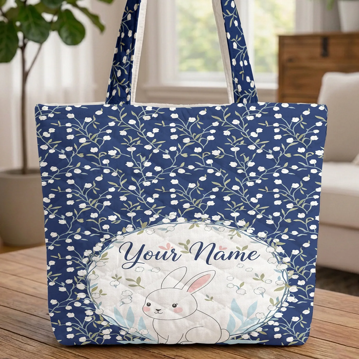Bunny Lily of the Valley Floral Wreath Personalized Name - Nature Lover Everyday Tote Quilted Tote Bag - 1