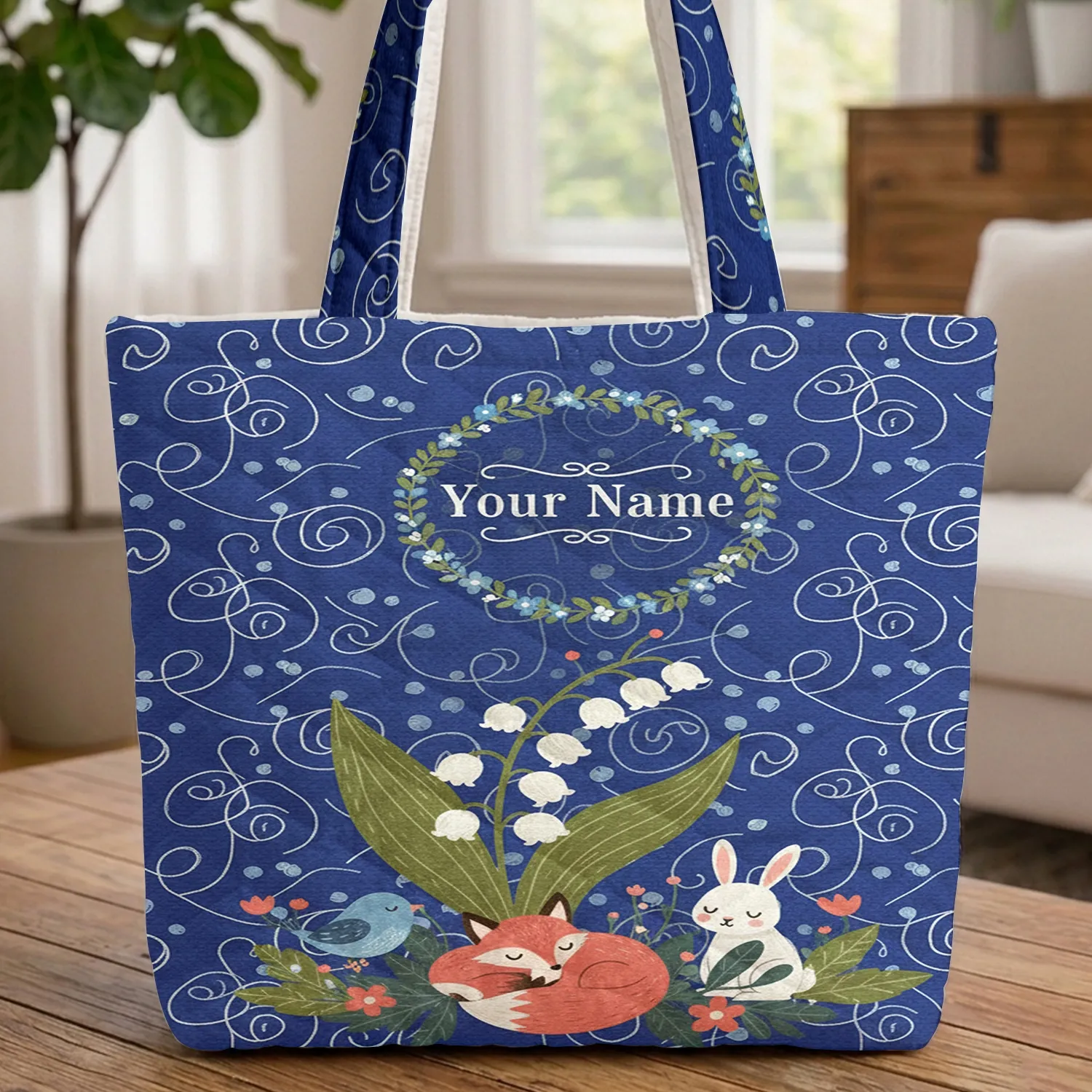 Lily of the Valley Floral Wreath Swirling Lines Berry Clusters - Botanical Lover Everyday Gift Quilted Tote Bag - 1