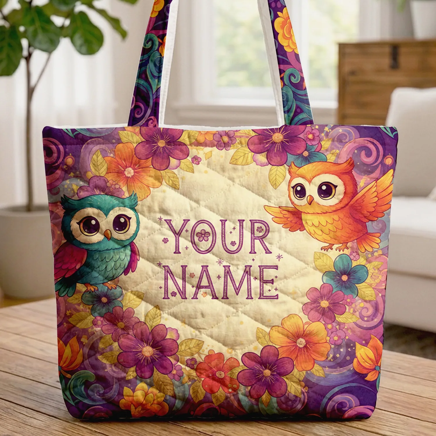 Fantastical Owls Glowing Flowers Floral Wreath Your Name - Owl Lover Gift Quilted Tote Bag - 1