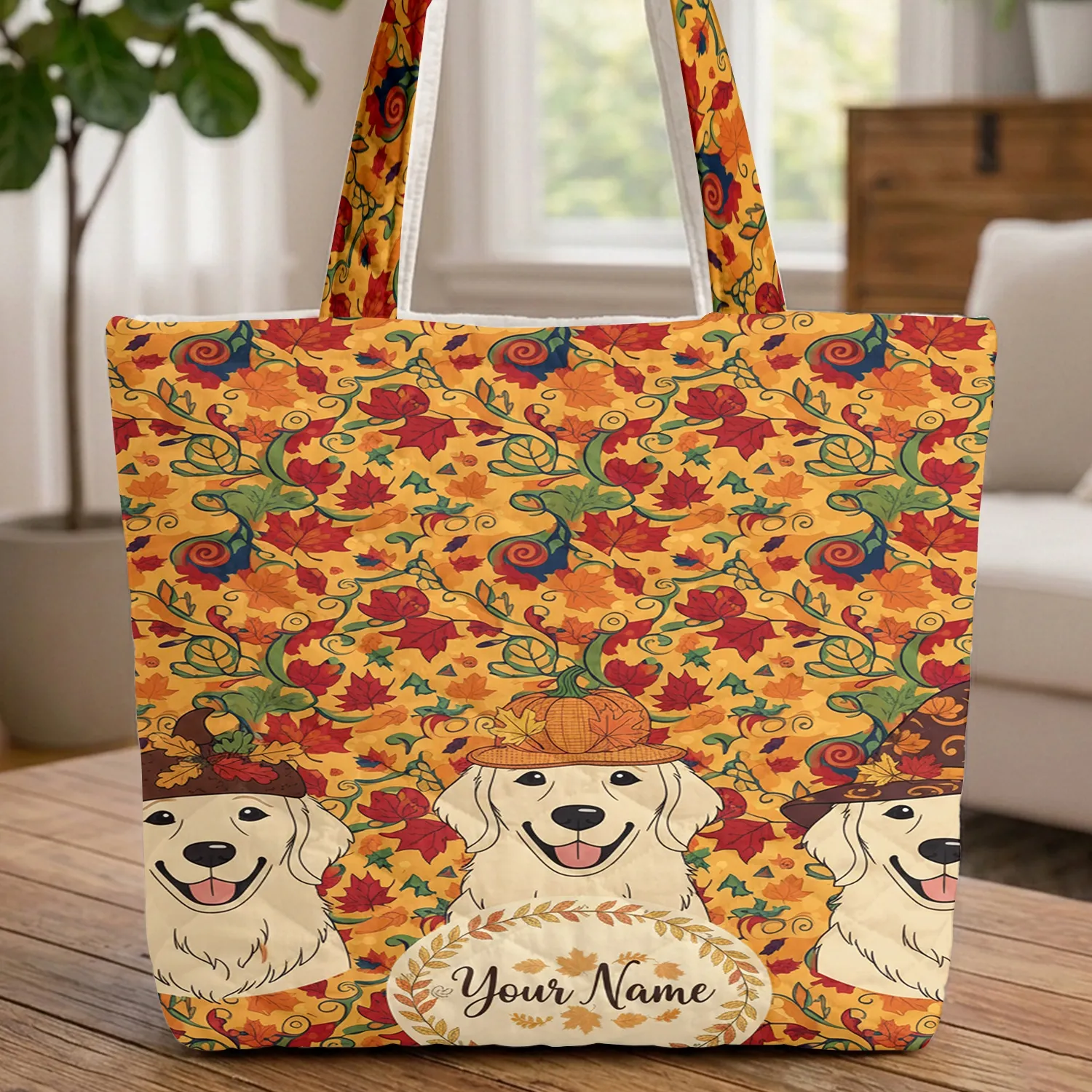 Personalized Golden Retriever Autumn Leaves Name - Fall Harvest Dog Lover Gift Quilted Tote Bag - 1