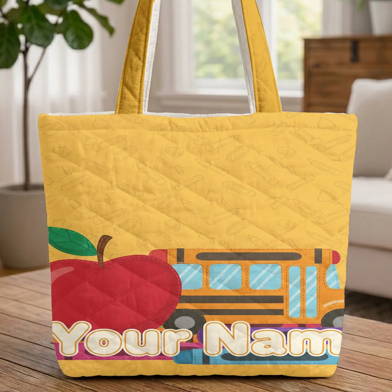 Personalized Name Red Apple Colorful Crayons School Bus Back to School Gift for Kids Quilted Tote Bag - 1