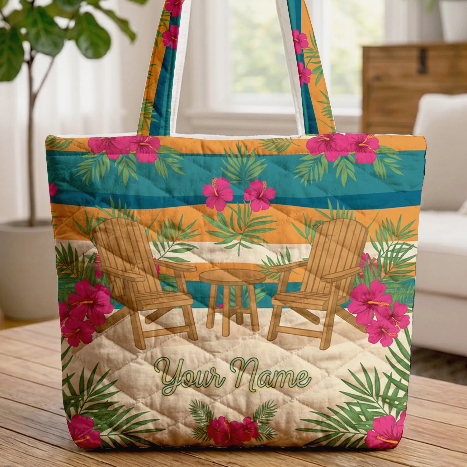Hibiscus Beach Chairs Tropical Resort - Travel Lifestyle Gift Quilted Tote Bag - 1