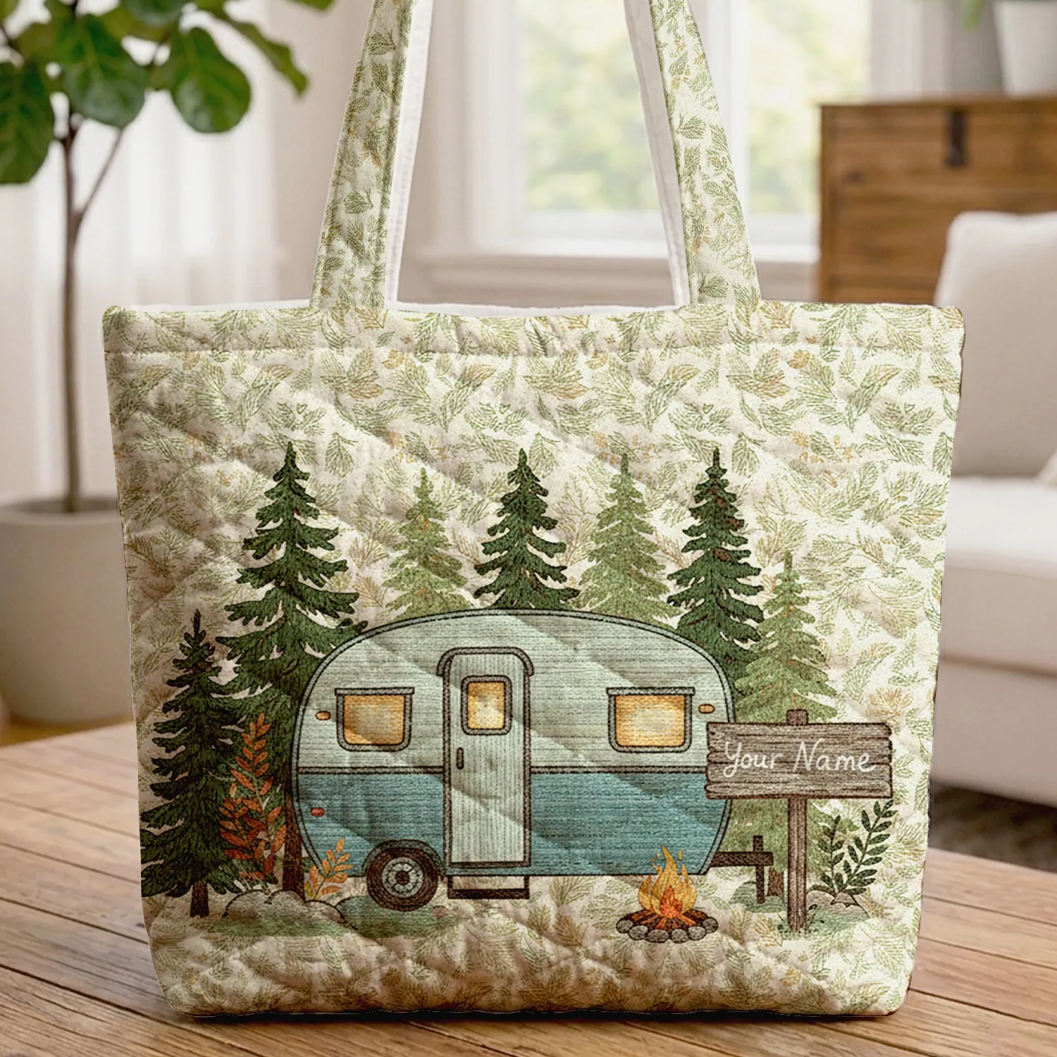 Vintage Camping Trailer Pine Forest Campfire Personalized Sign Camping Trip Gift Quilted Tote Bag - 1