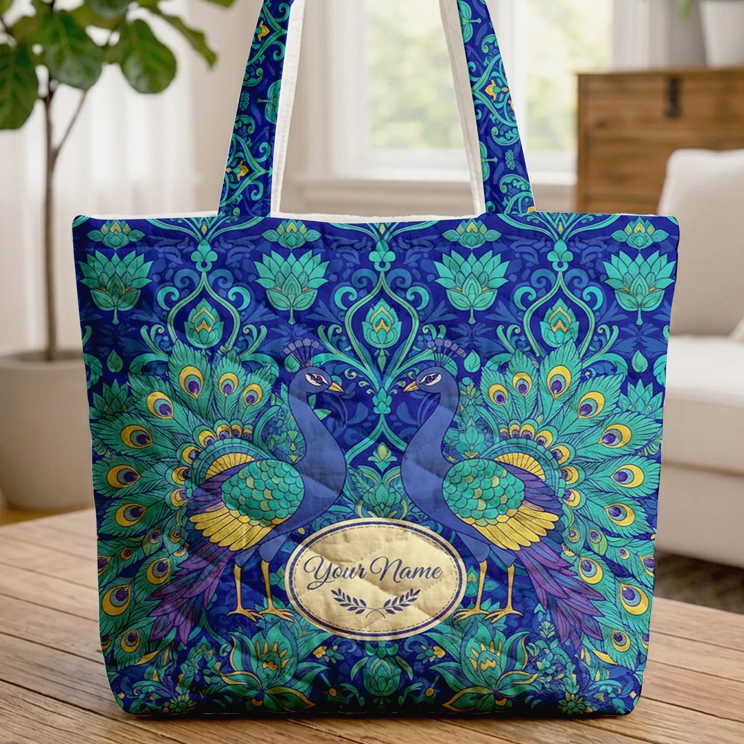 Majestic Peacocks Elaborate Tail Feathers Arabesque Lotus Blossoms - Wildlife Lover Carryall Quilted Tote Bag - 1