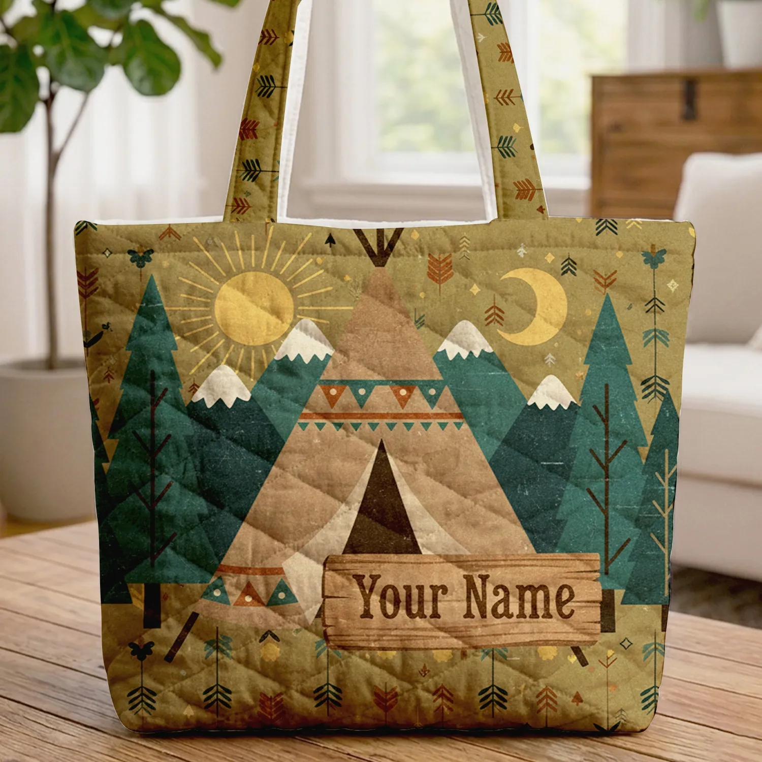 Rustic Teepee Mountains Sun Moon Arrowhead Leaves Wooden Sign - Outdoor Adventure Gift Quilted Tote Bag - 1