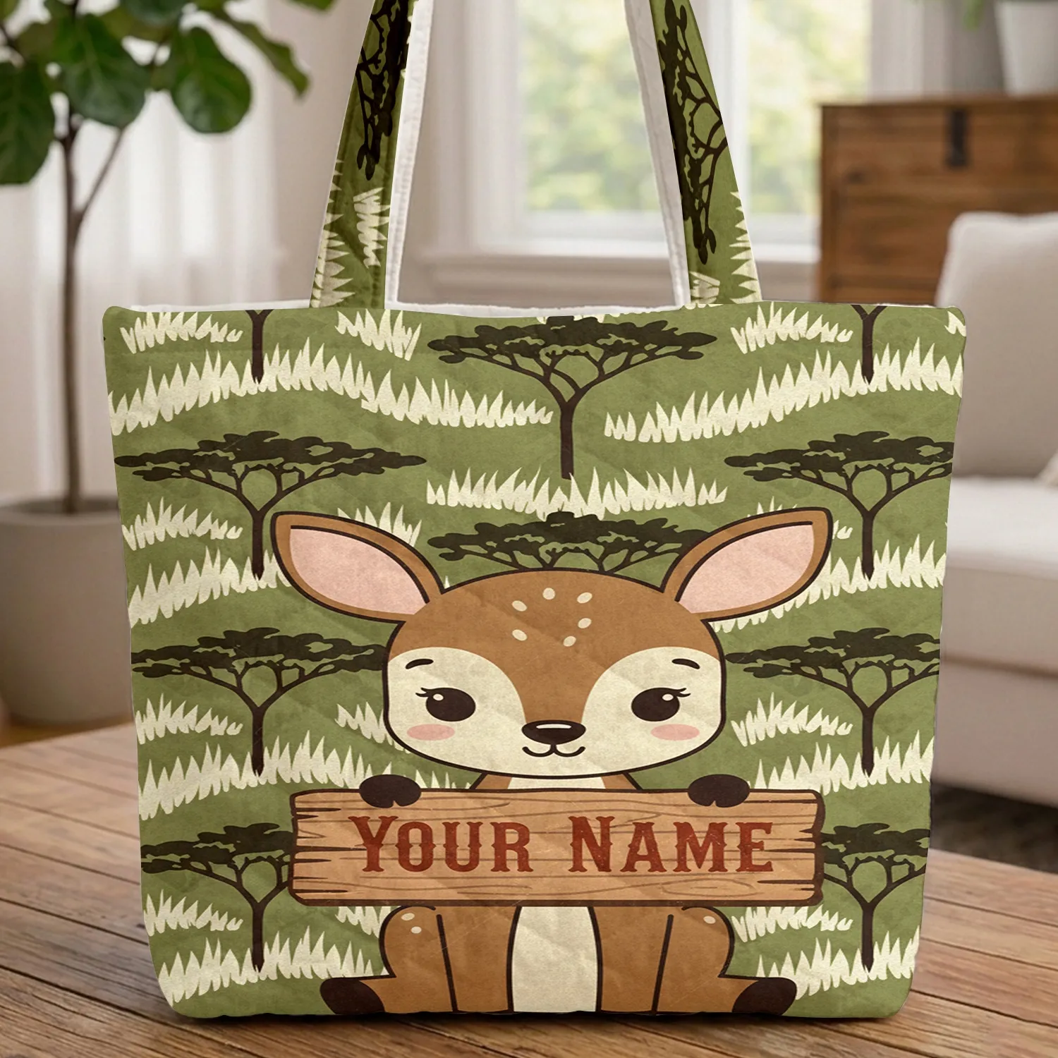 Savanna Grass Deer Rustic Wooden Sign - Wildlife Lover Everyday Tote Quilted Tote Bag - 1