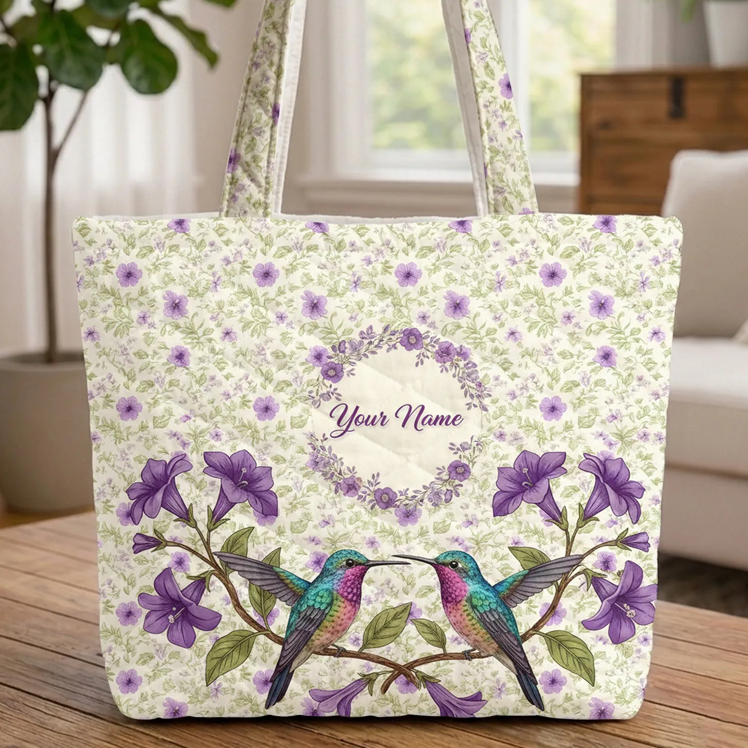 Hummingbirds Your Name Wreath Petunia Bell Flowers - Nature Lover Gift Quilted Tote Bag - 1