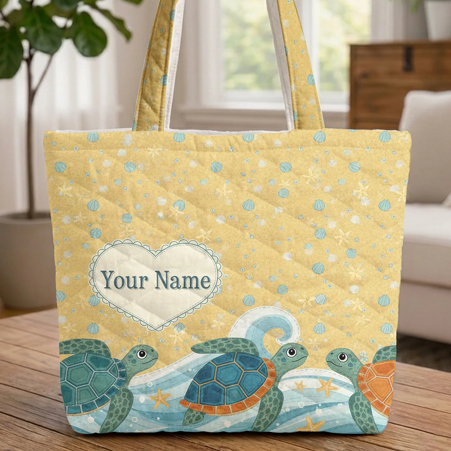 Sea Turtles Starfish Ocean Waves Personalized Heart - Ocean Life Lover Gift Quilted Tote Bag - 1