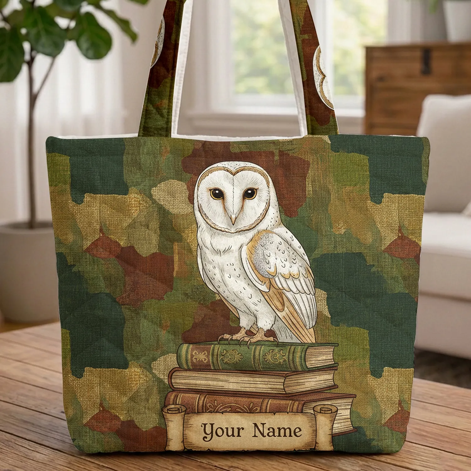 Barn Owl with Golden Eyes Vintage Leather Books Curved Parchment Scroll - Book Lover Gift Quilted Tote Bag - 1