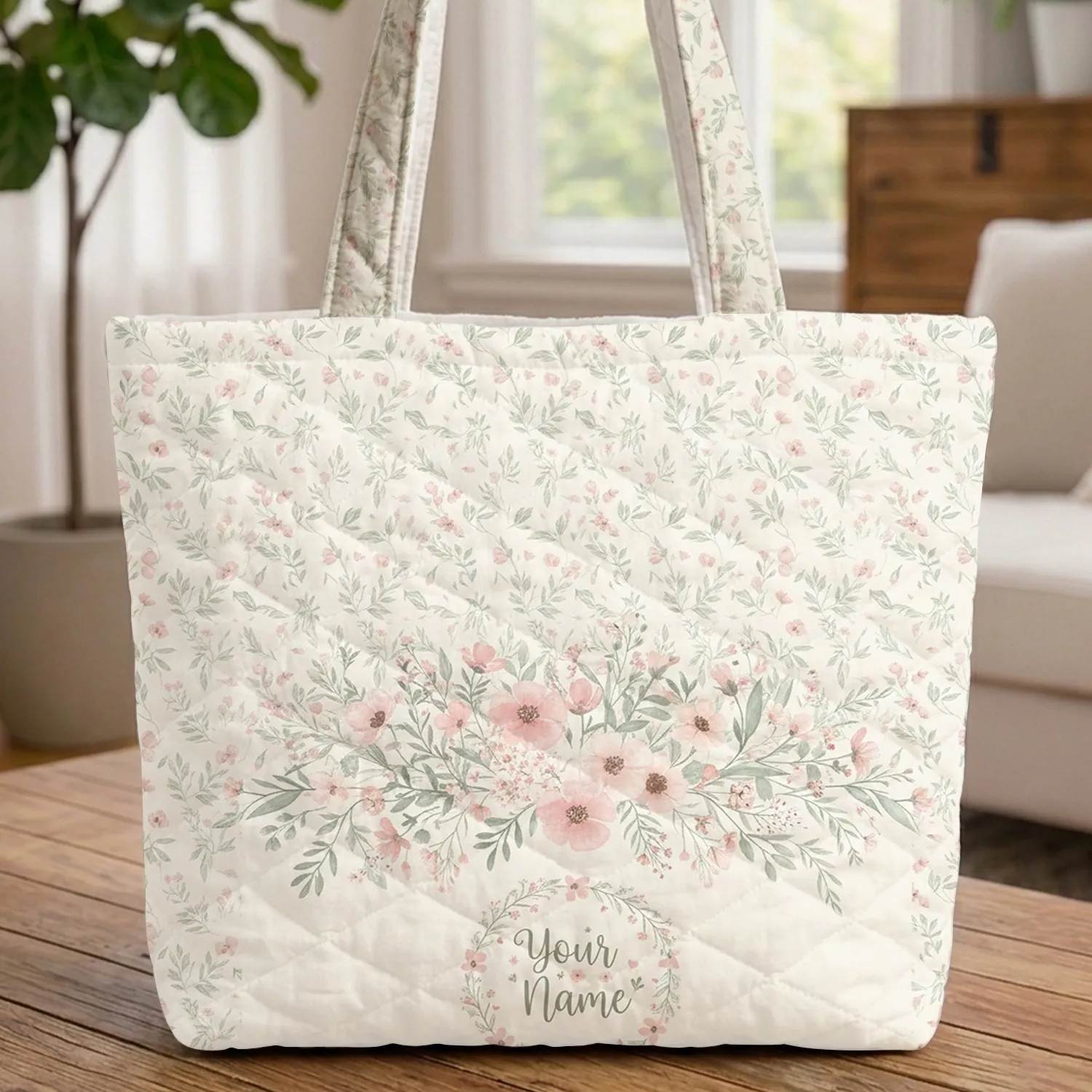Wildflower Bouquet Personalized Name Floral Wreath - Everyday Lifestyle Gift Quilted Tote Bag - 1