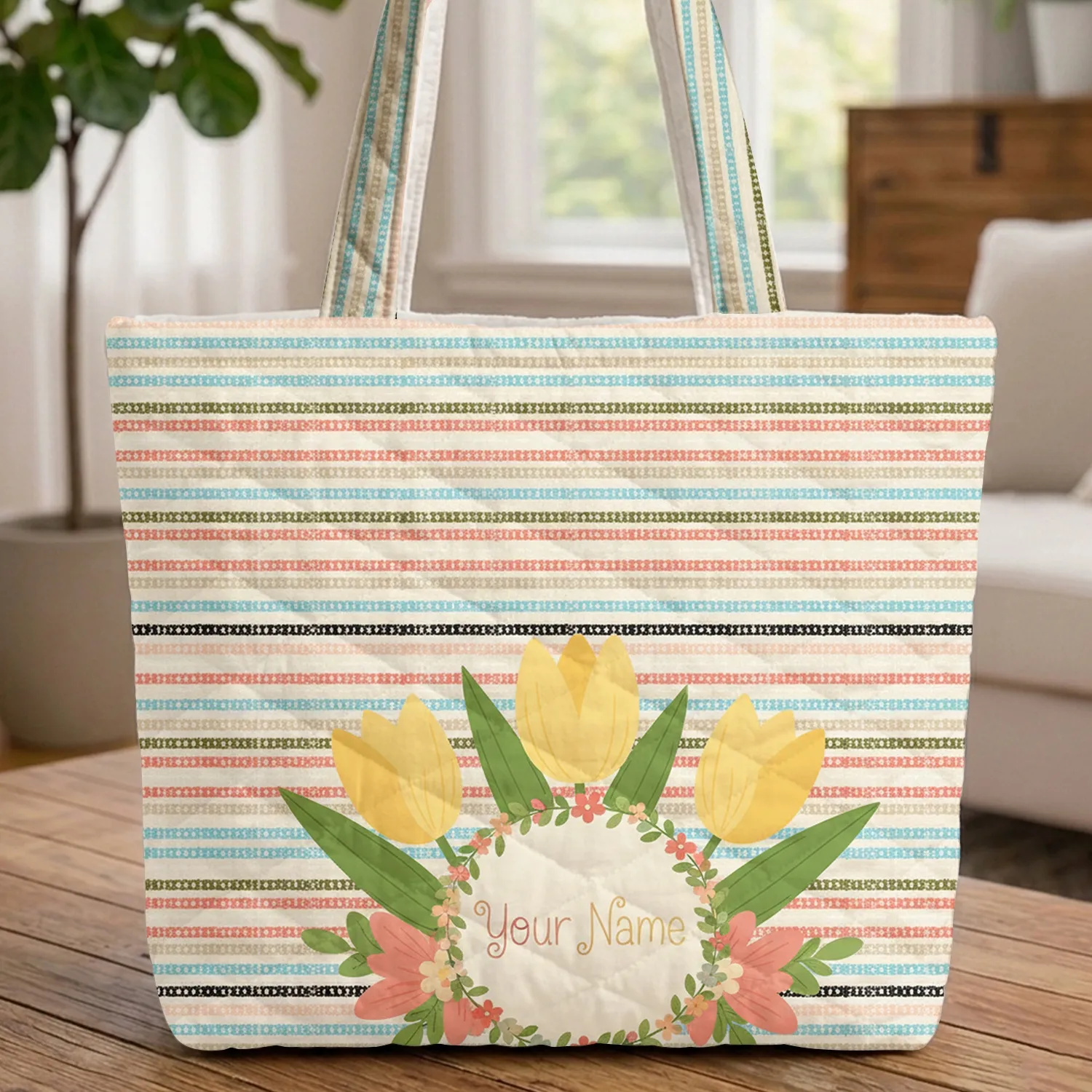 Tulips Floral Wreath Personalized Name - Everyday Personalized Gift Quilted Tote Bag - 1