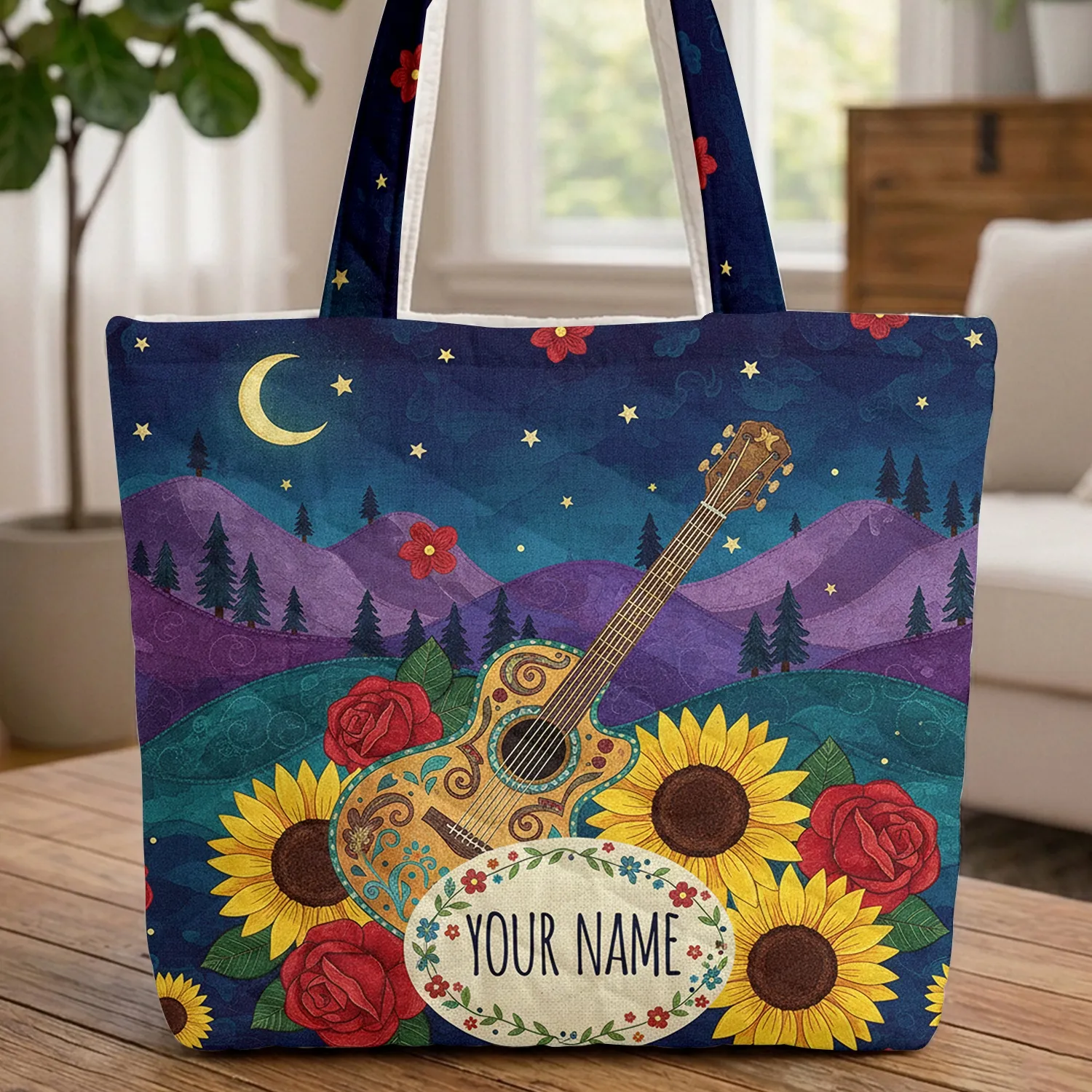 Personalized Ornate Acoustic Guitar Night Mountains Stars Sunflowers Roses - Musician Gift Quilted Tote Bag - 1