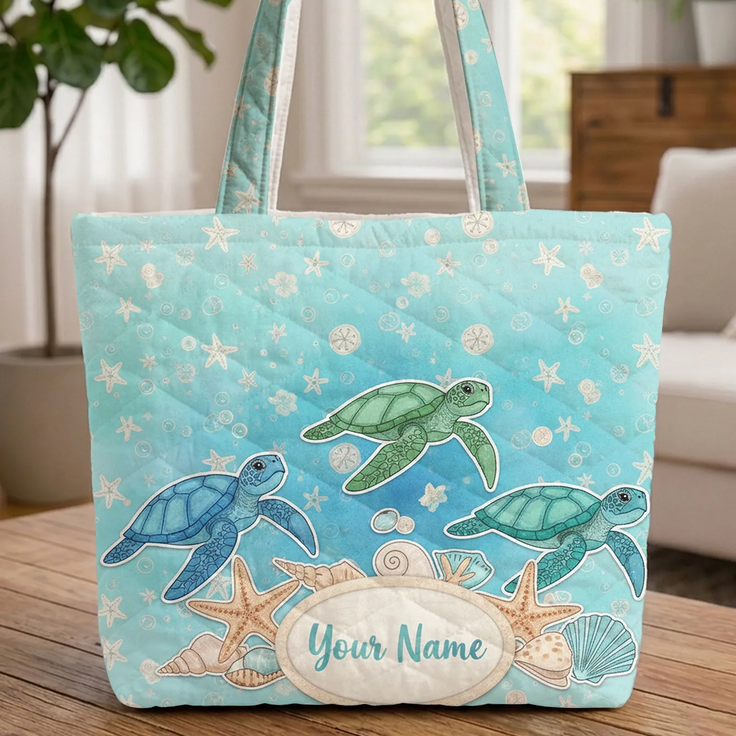 Sea Turtles Starfish Sand Dollars Seashells Ocean Bubbles - Coastal Gift for Beachcomber Quilted Tote Bag - 1