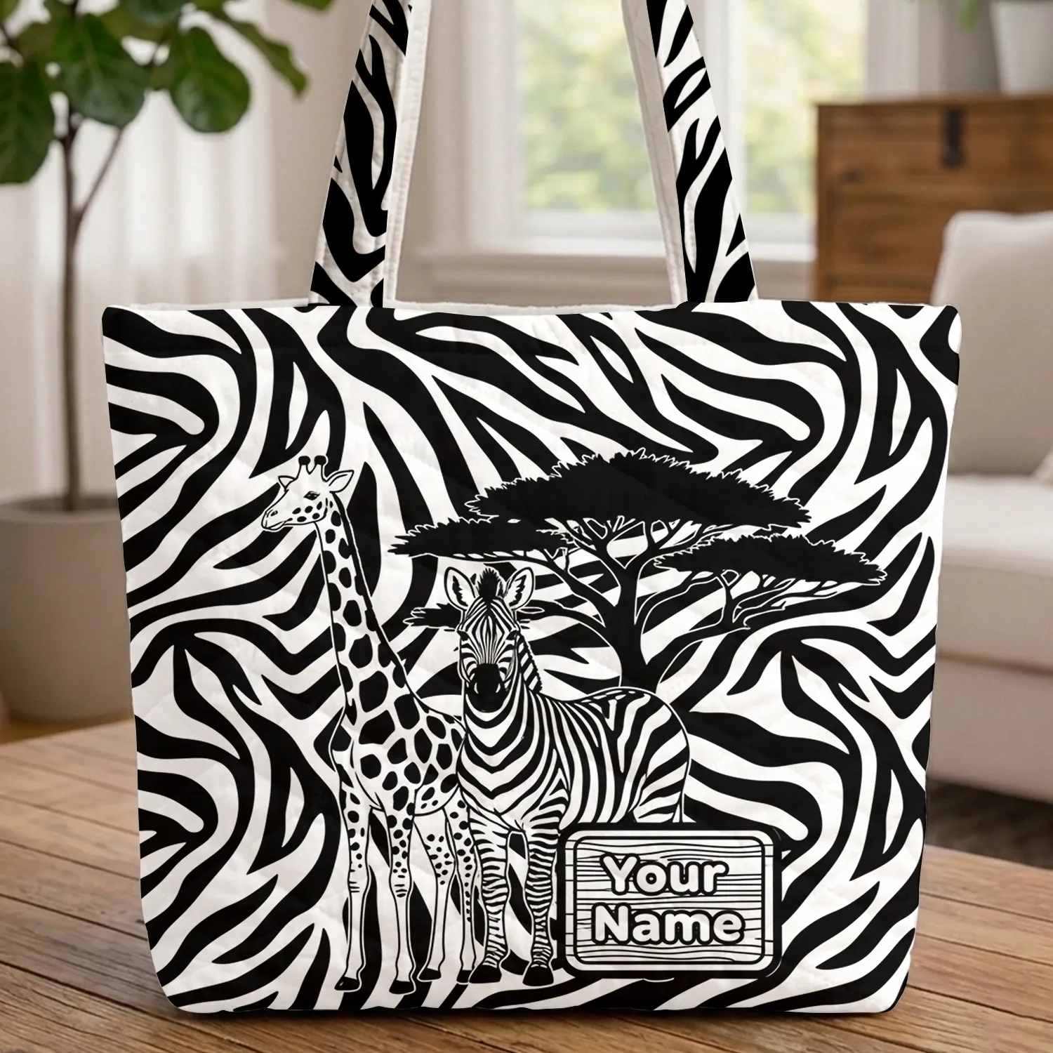 Personalized Zebra Giraffe Name Black White - Wildlife Safari Gift Quilted Tote Bag - 1