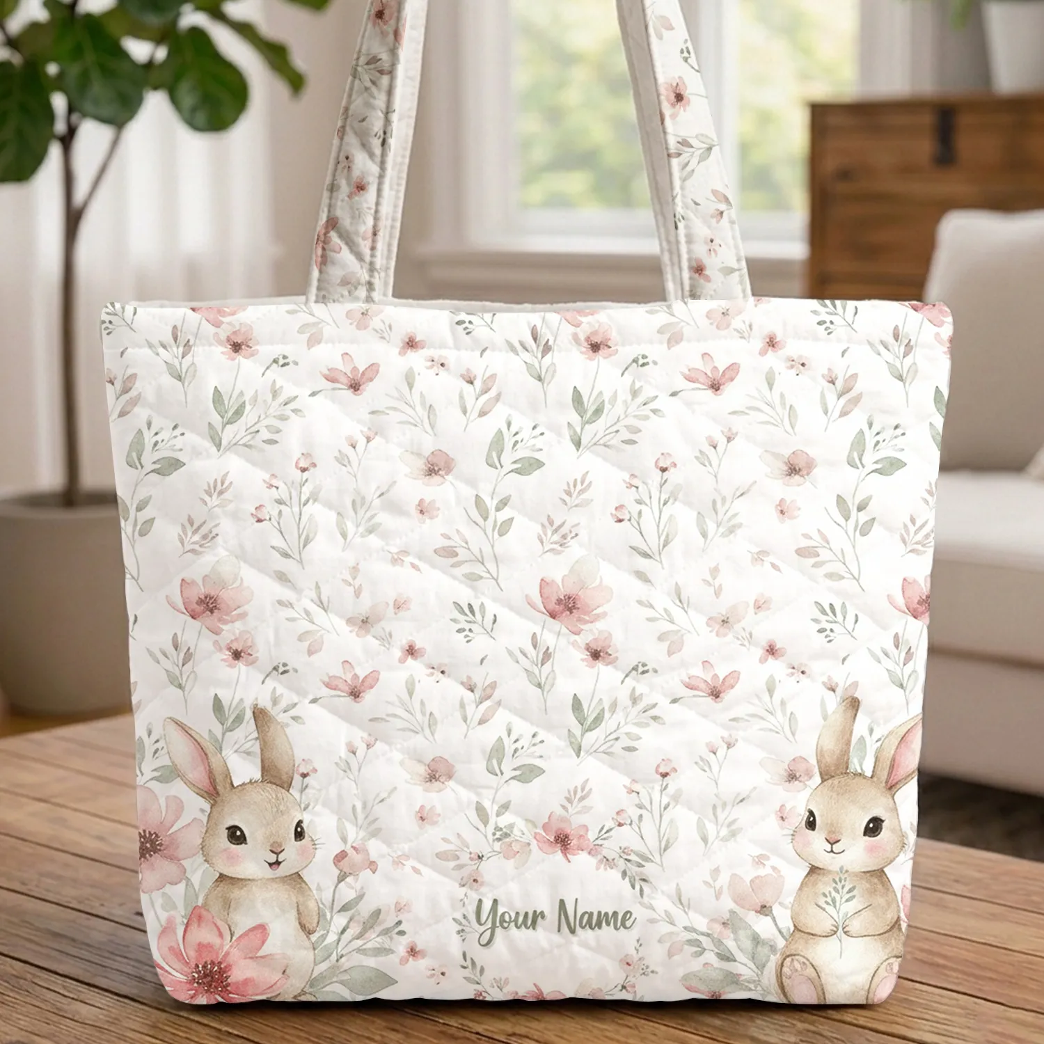 Bunnies Wildflower Wreath Personalized Name - Kids Room Decor Baby Gift Quilted Tote Bag - 1