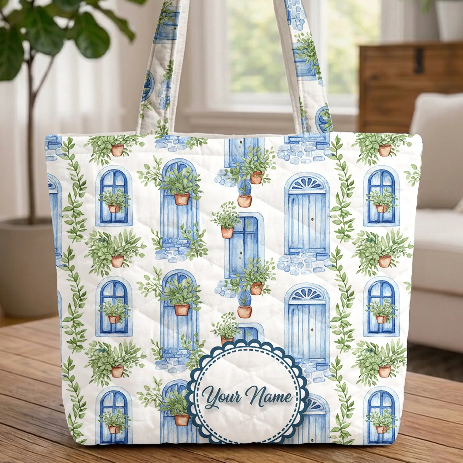 Blue White Arches Planters Cobblestone Travel Essential Gift for Travelers Quilted Tote Bag - 1