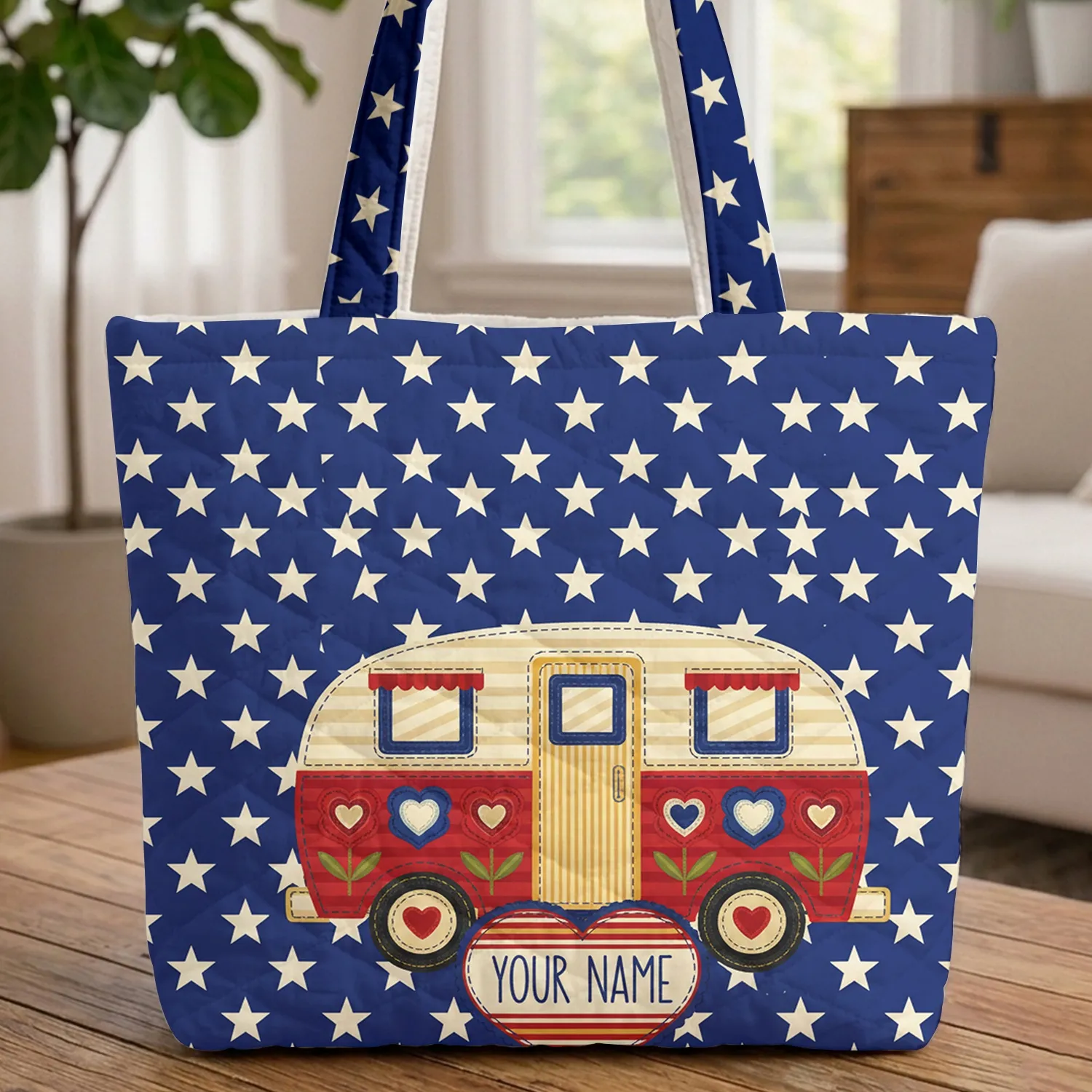 Camper Van Red White Blue Stars Hearts - Fourth of July Road Trip Gift Quilted Tote Bag - 1