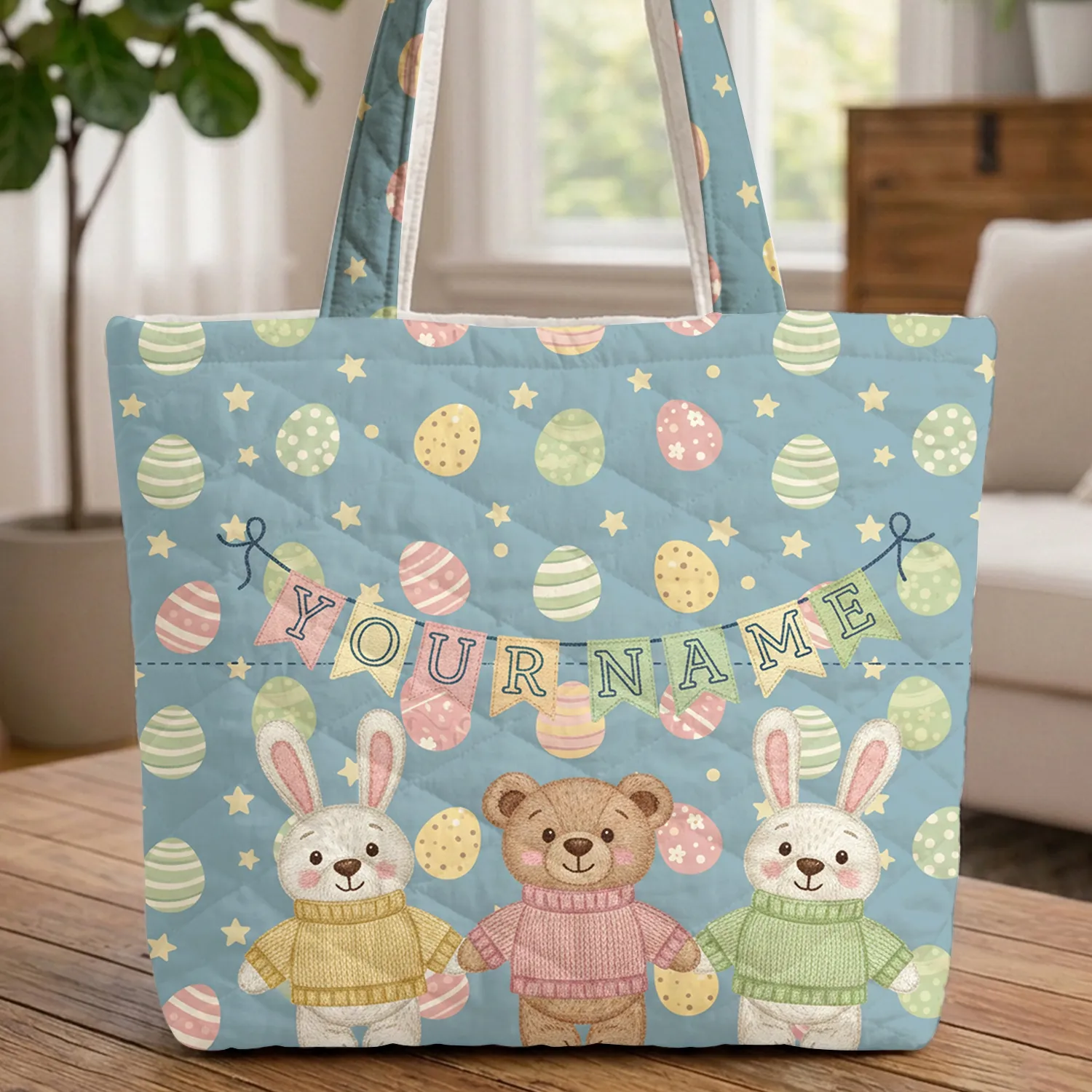 Bunnies Bear Holding Paws Easter Eggs Stars Personalized Name Easter Gift Quilted Tote Bag - 1