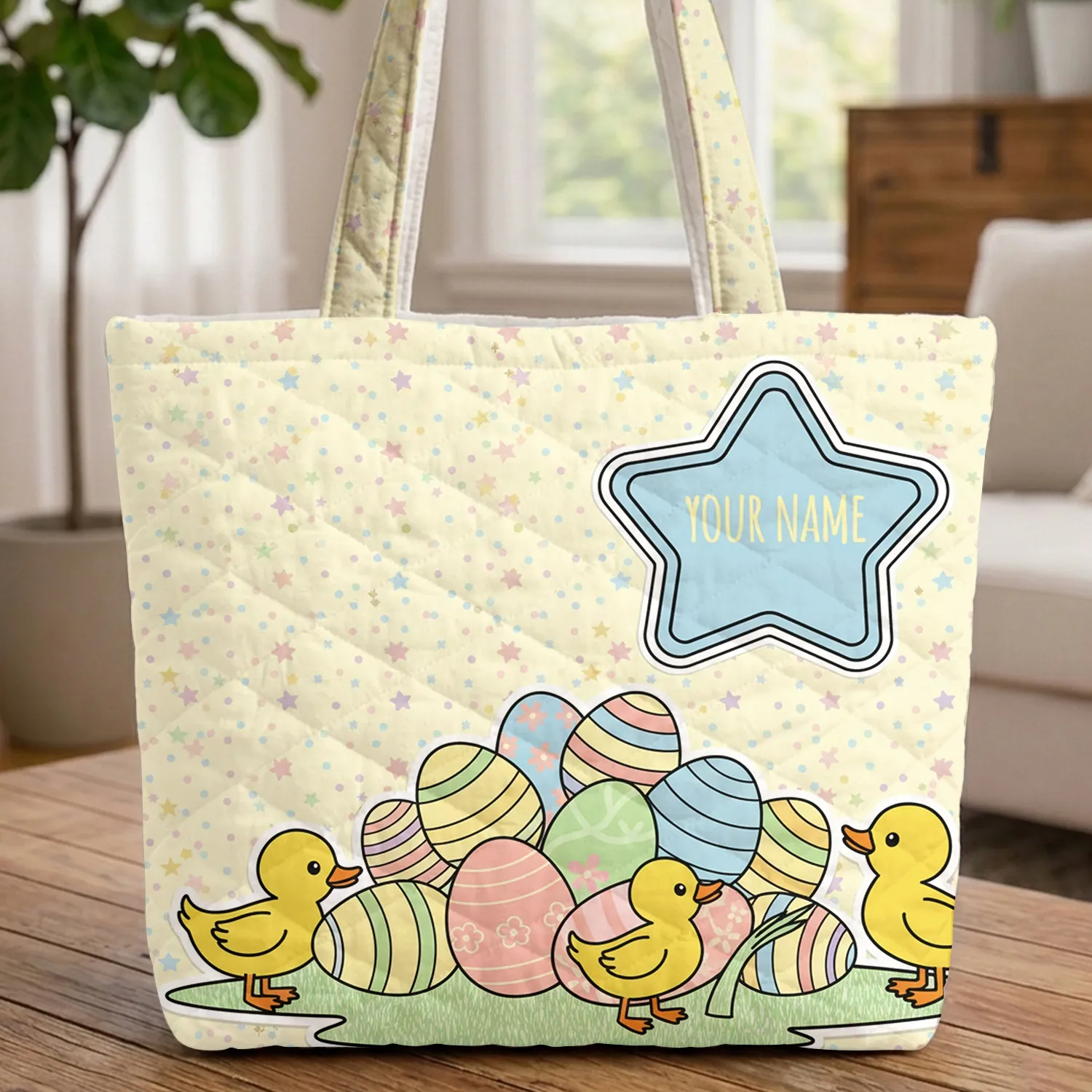 Ducklings Easter Eggs Star Cartouche Small Stars Dots - Easter Celebration Gift for Kids Quilted Tote Bag - 1