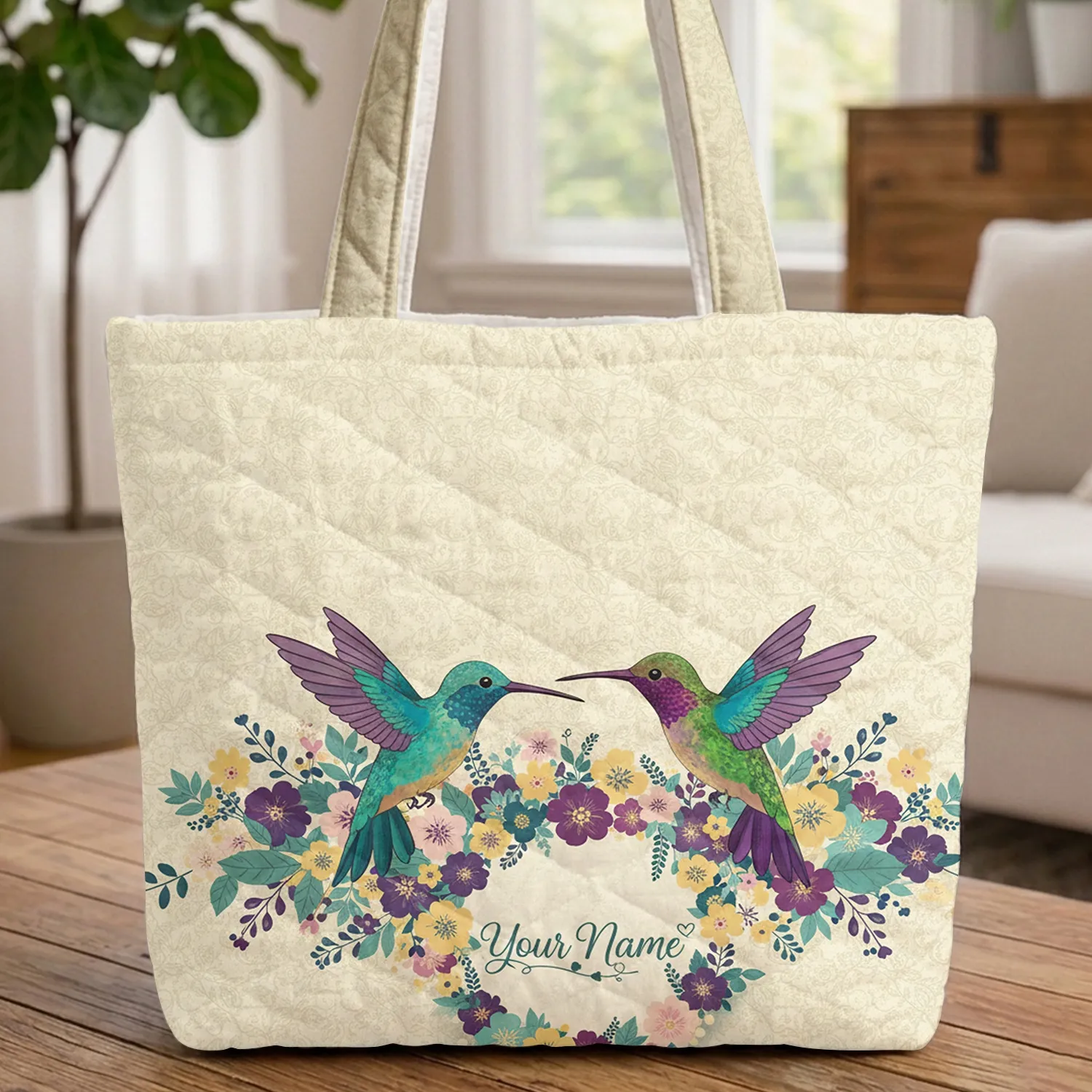 Hummingbirds Floral Wreath 'Your Name' Blossoms - Nature Lover Everyday Carry Quilted Tote Bag - 1