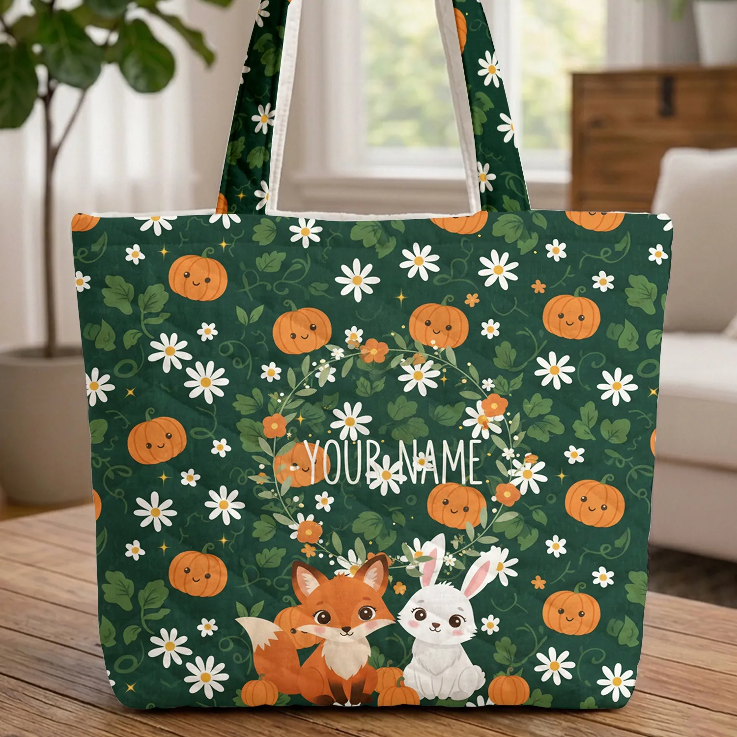 Fox Bunny Personalized Name Autumn Pumpkins Daisies Floral Wreath - Wildlife Gift Quilted Tote Bag - 1