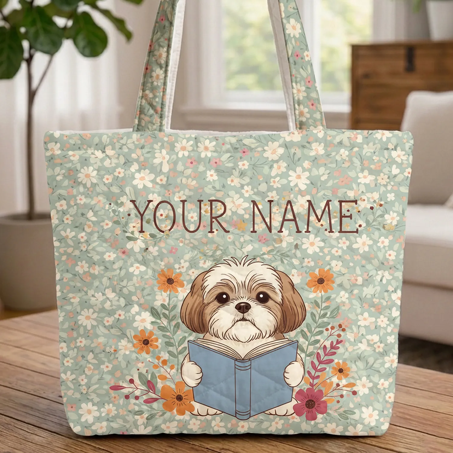 Fluffy Shih Tzu Dog Reading Floral Garden Storybook - Dog Lover Everyday Tote Quilted Tote Bag - 1