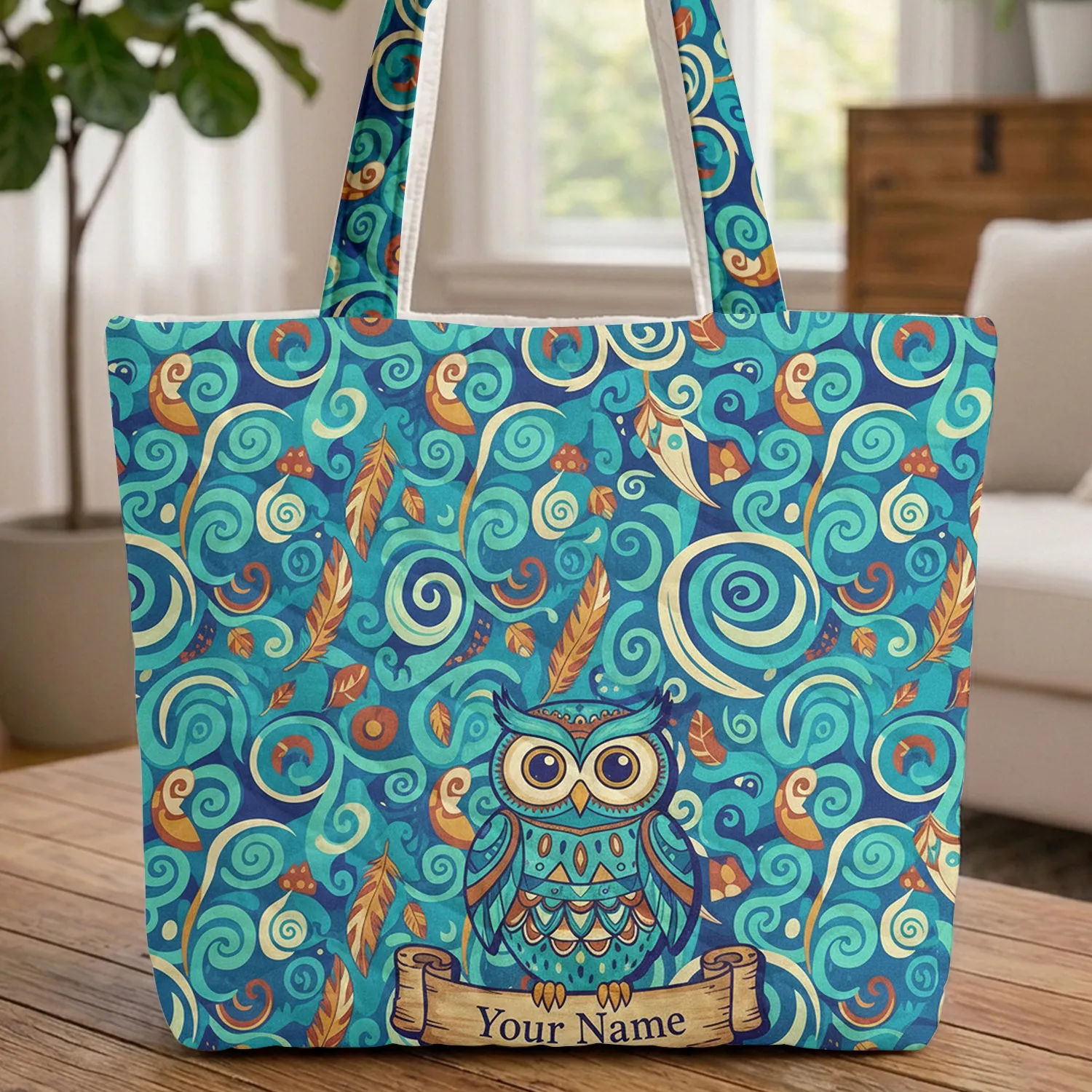 Native Tribal Owl Feather Swirls Geometric Rustic Name Scroll Custom Everyday Gift Quilted Tote Bag - 1