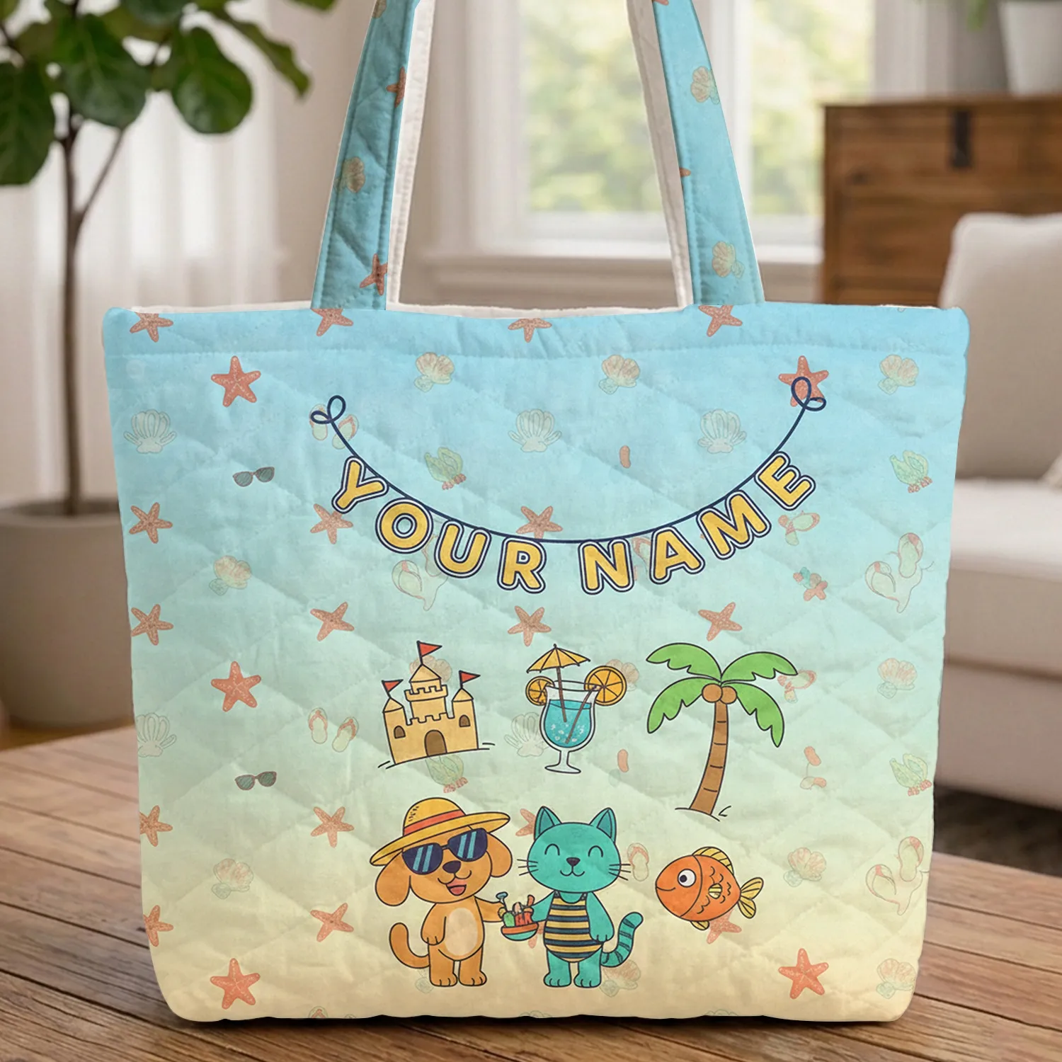 Beach Sandcastle Cocktail Palm Tree Bunting Flag - Summer Travel Gift for Vacation Lover Quilted Tote Bag - 1