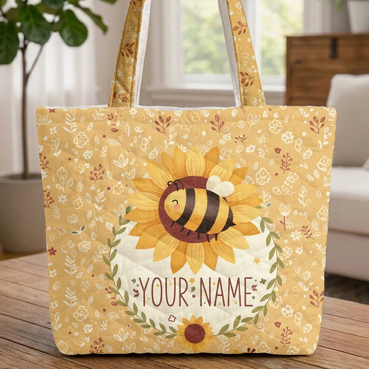 Bumblebee Golden Sunflower Floral Wreath Name - Nature Lover Everyday Tote Quilted Tote Bag - 1