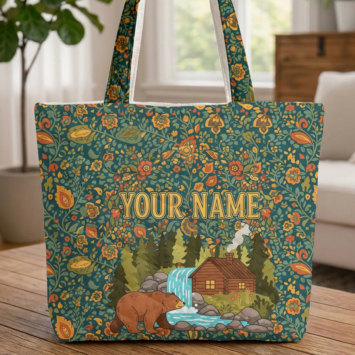 Brown Bear Waterfall Log Cabin Forest Floral Wreath - Everyday Tote Wildlife Lover Gift Quilted Tote Bag - 1