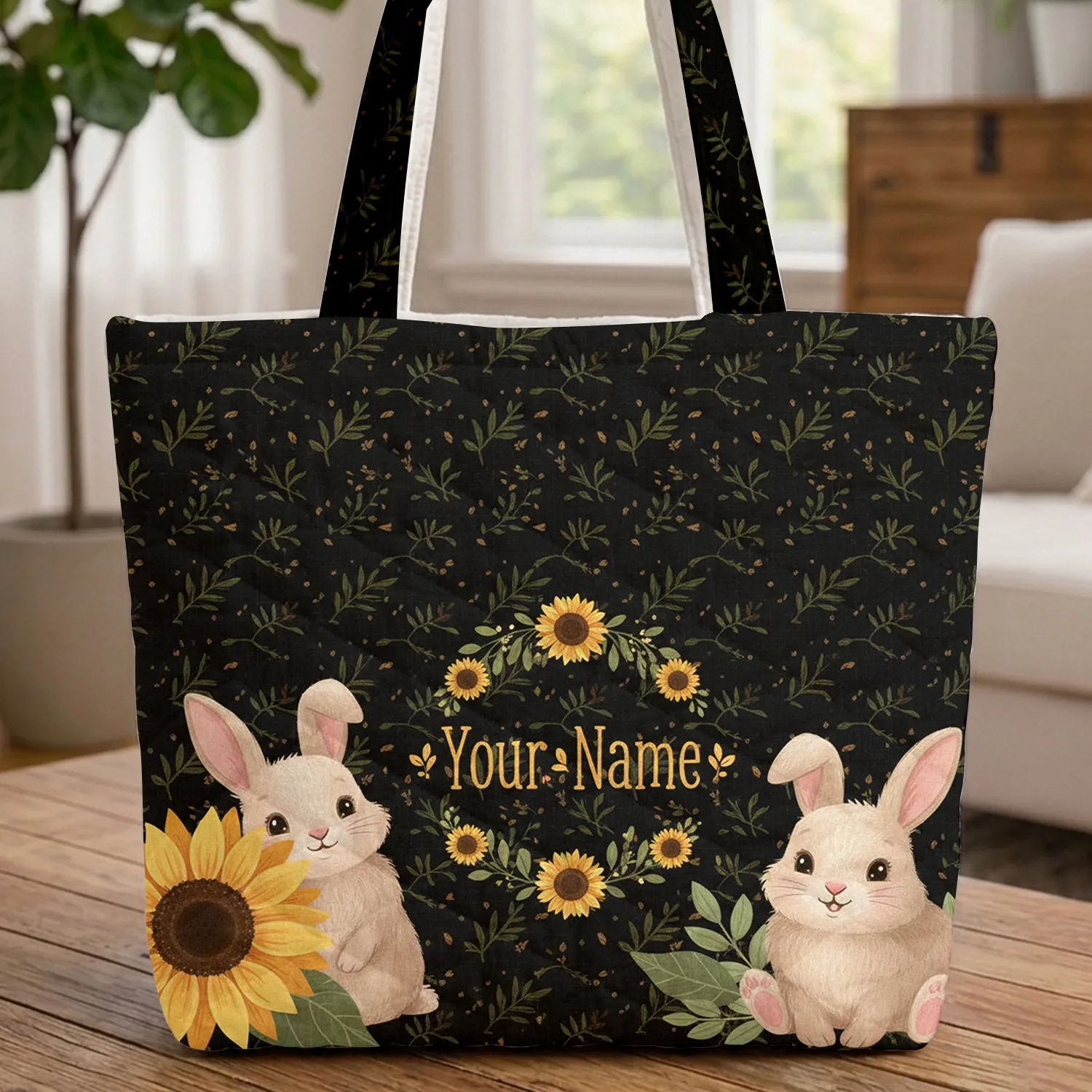 Bunnies Sunflower Wreath Olive Leaves - Wildlife Lover Everyday Carry Gift Quilted Tote Bag - 1
