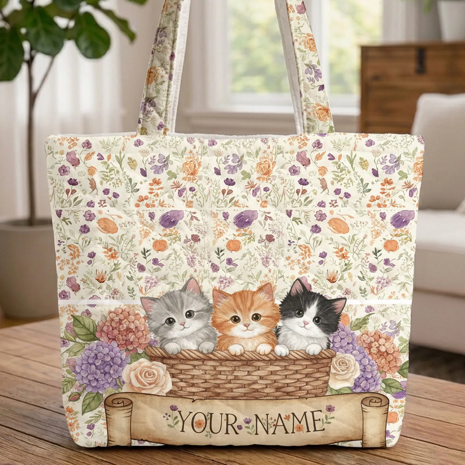 Fluffy Kittens Wicker Basket Hydrangea Roses Wildflower Scroll Banner - Cat Lover Gift Quilted Tote Bag - 1
