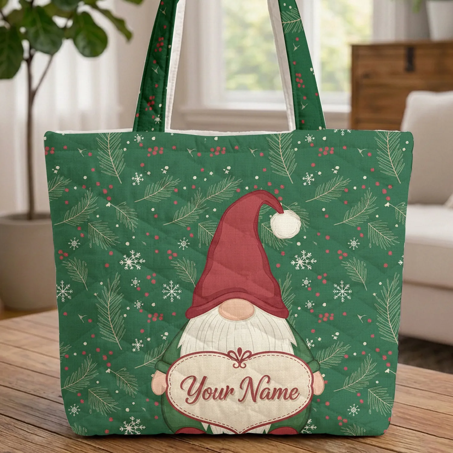 Gnome Heart Cartouche Pine Snowflakes Red Berries - Christmas Winter Gift Quilted Tote Bag - 1