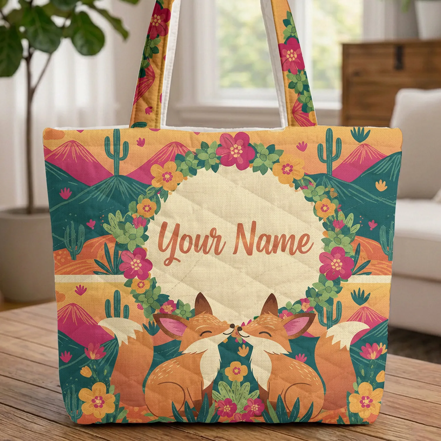 Nuzzling Desert Fox Mountain Succulent Blossom - Wildlife Lover Gift Quilted Tote Bag - 1