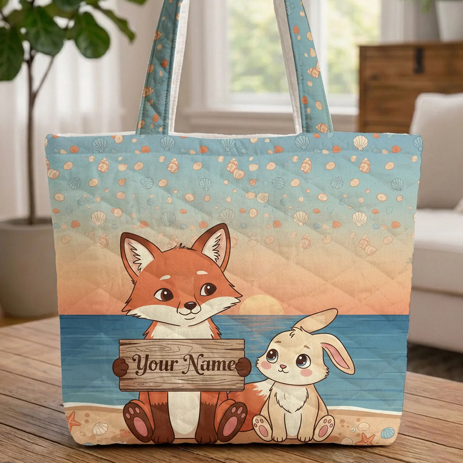 Personalized Fox Bunny Ocean Sunset Seashells - Coastal Living Gift for Kids Quilted Tote Bag - 1