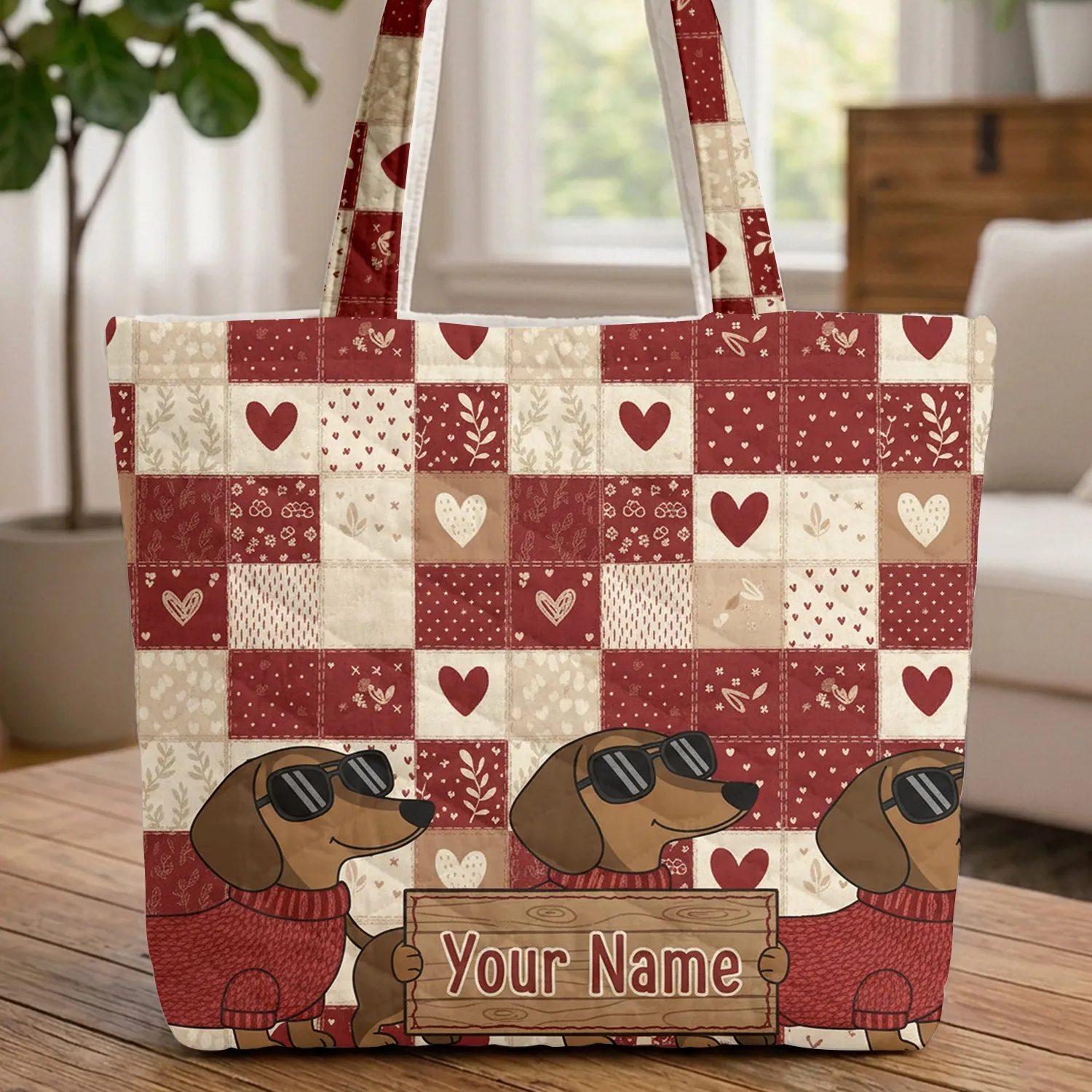Dachshund Dogs Sunglasses Quilt Patchwork - Everyday Dog Lover Gift Quilted Tote Bag - 1
