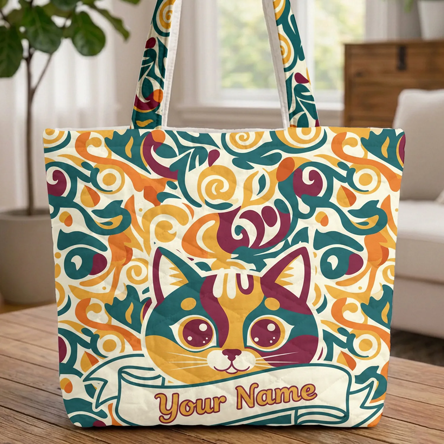 Cat Face Expressive Eyes Flowing Ribbon Organic Swirls - Everyday Carry for Cat Lover Quilted Tote Bag - 1