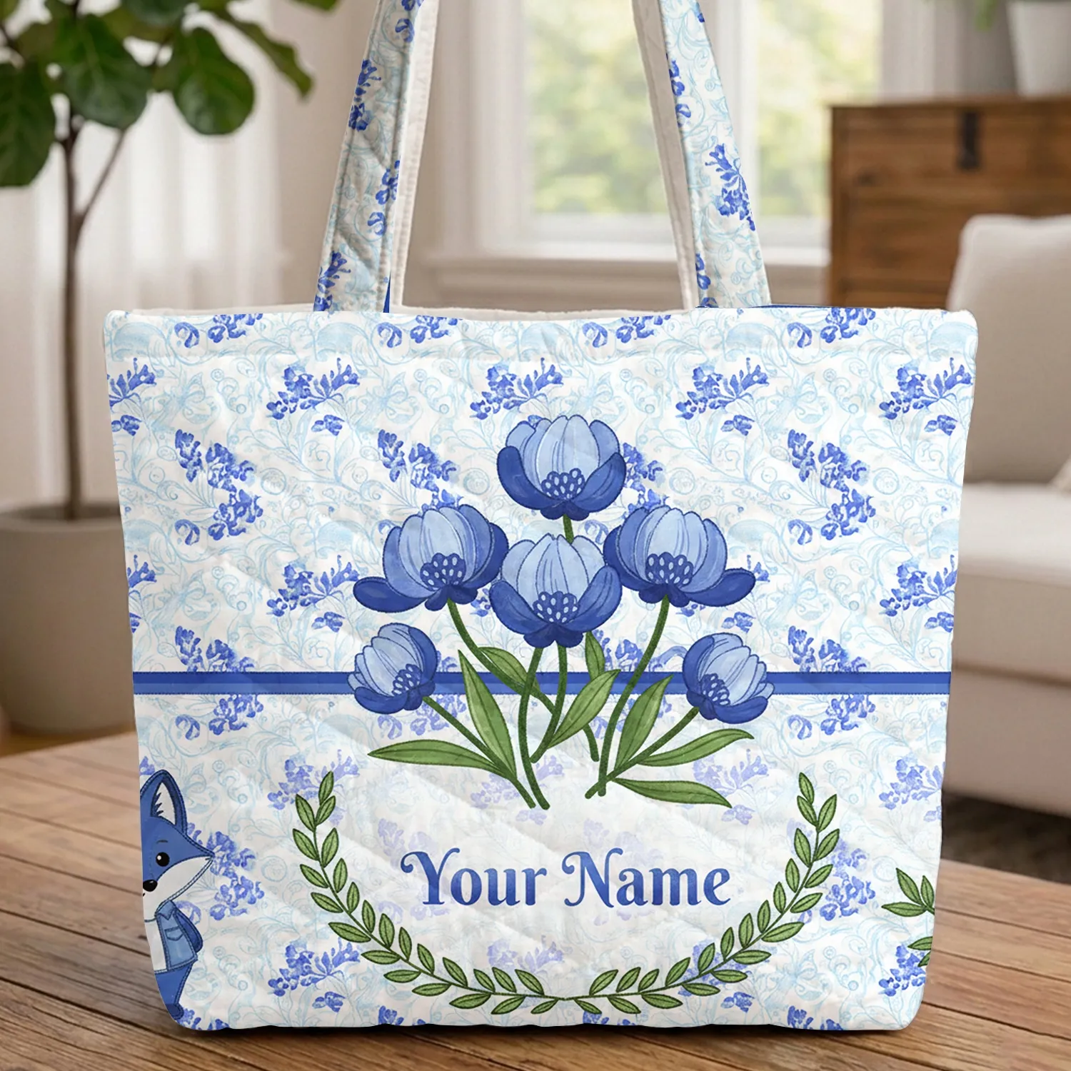Texas Bluebonnet Flowers Blue Floral Name Garland - Floral Lover Everyday Tote Quilted Tote Bag - 1