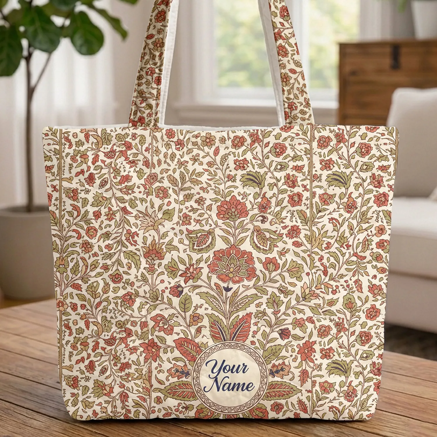 Indian Botanical Chintz Floral Medallion Flowering Vines - Home Decor Gift Quilted Tote Bag - 1