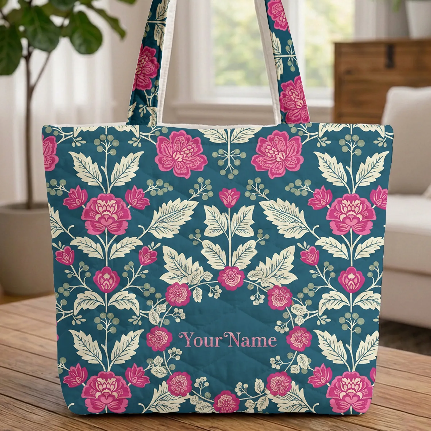 Fuchsia Pink Floral Wreath Custom Name - Personalized Gift Lifestyle Quilted Tote Bag - 1