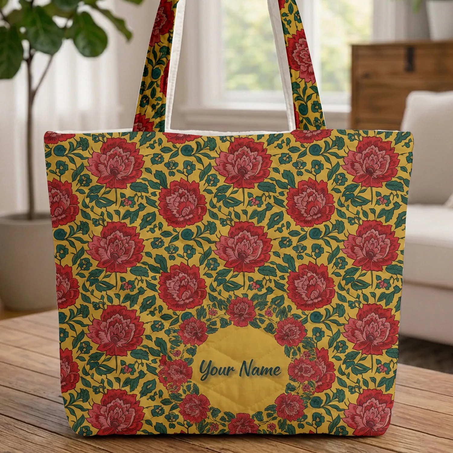 Ornate Indian Floral Wreath Personalized Name - Boho Lifestyle Everyday Tote Gift Quilted Tote Bag - 1