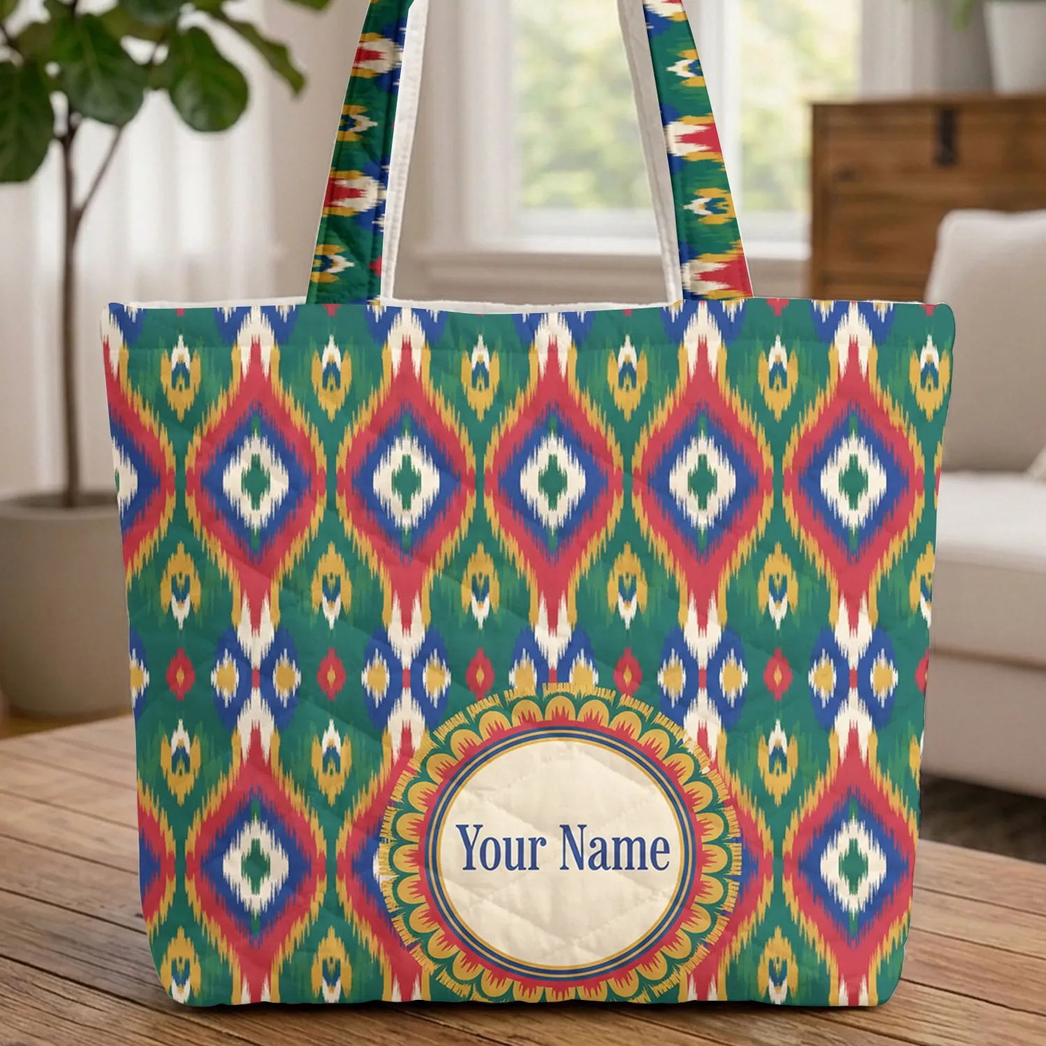 Ornate Ikat Flame Diamond Medallion - Boho Lifestyle Everyday Carryall Gift Quilted Tote Bag - 1