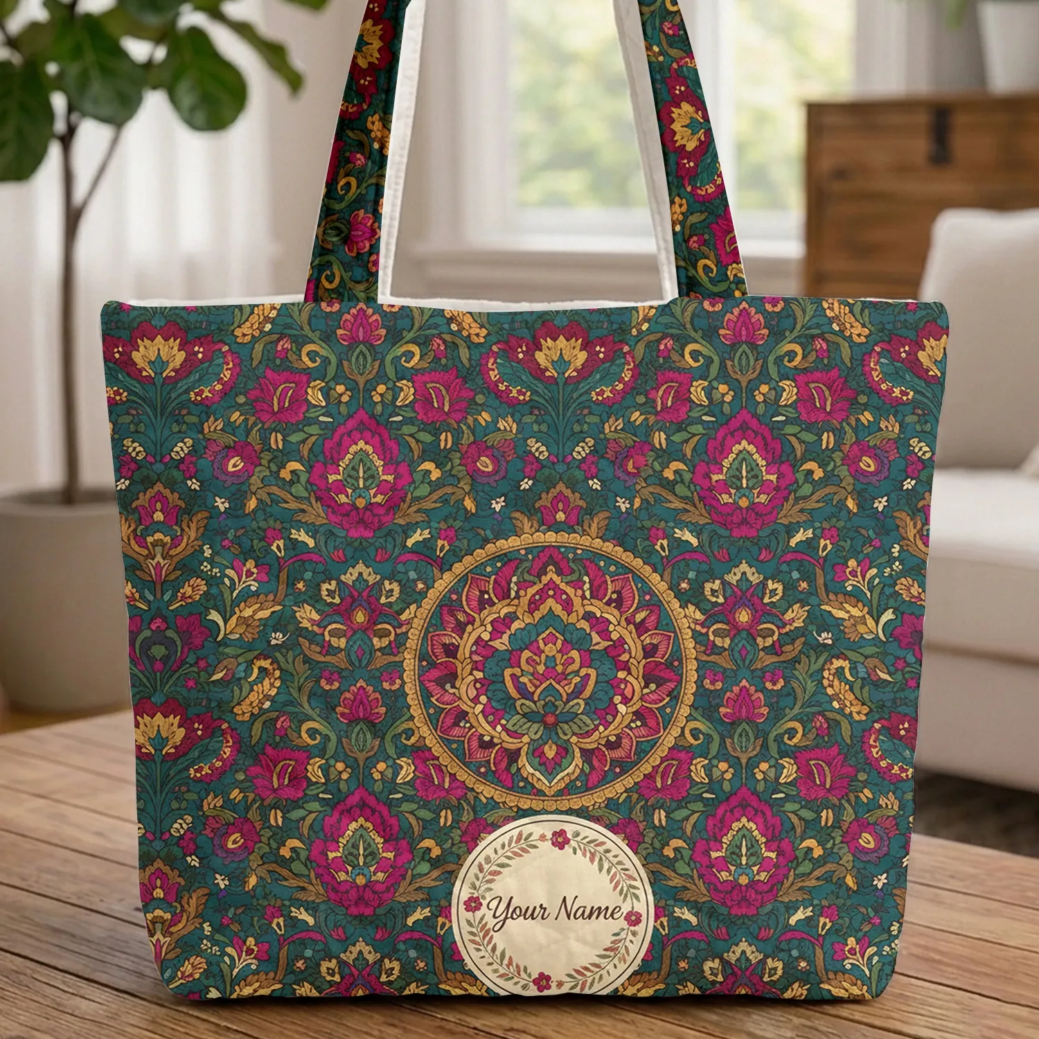 Indian Floral Paisley Botanical Medallion - Home Decor Gift for Boho Lover Quilted Tote Bag - 1