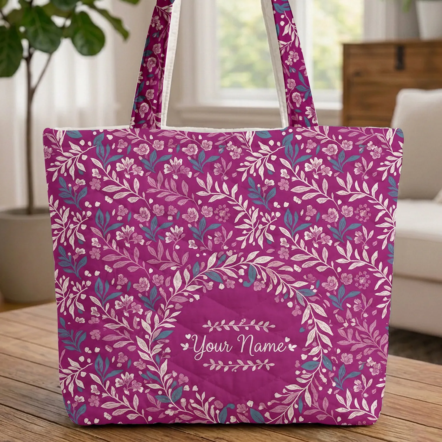 Personalized Name Botanical Wreath Teal Leaves Pink Flowers - Everyday Tote Gift Quilted Tote Bag - 1