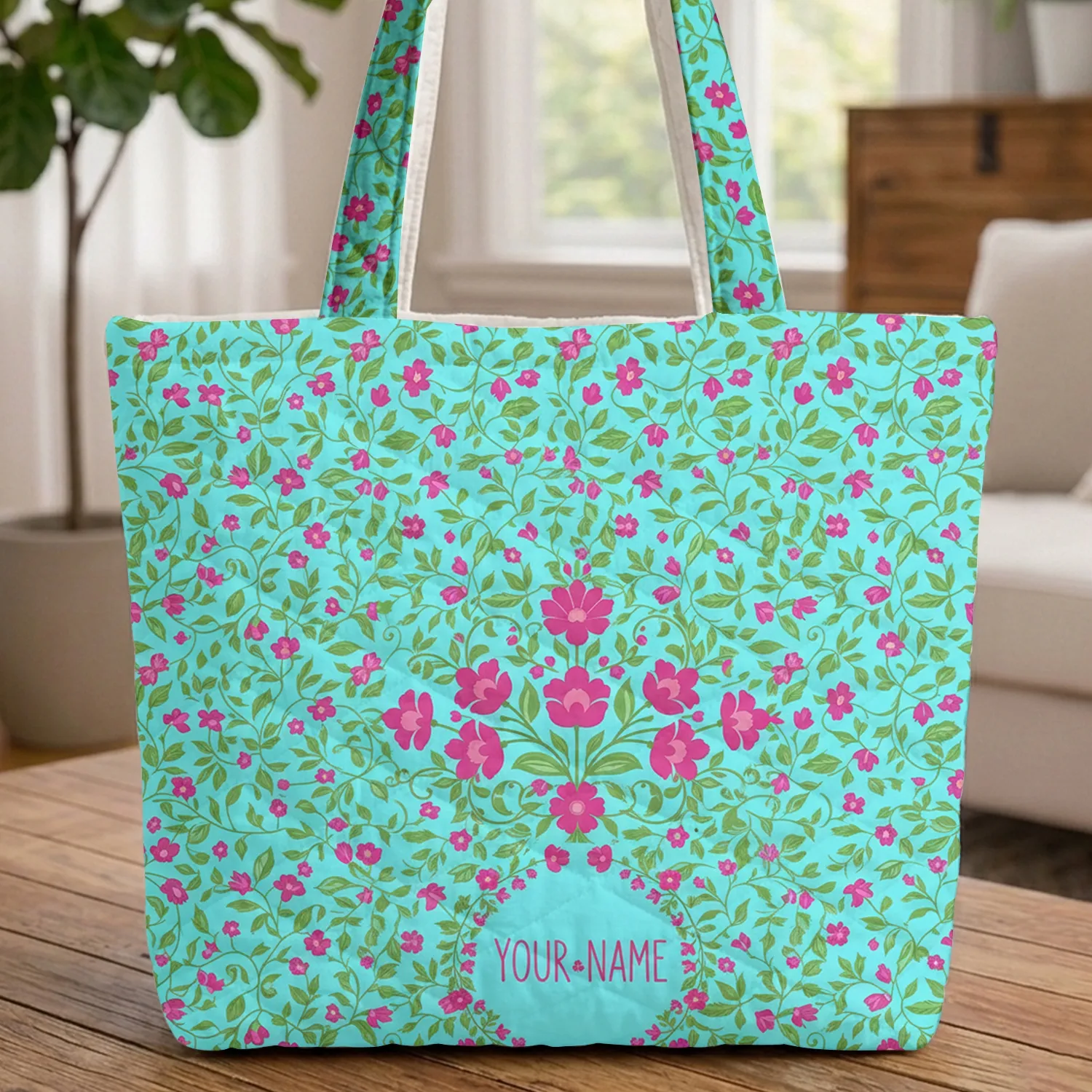 Fuchsia Green Floral Medallion Botanical Vines Wreath Everyday Tote Quilted Tote Bag - 1