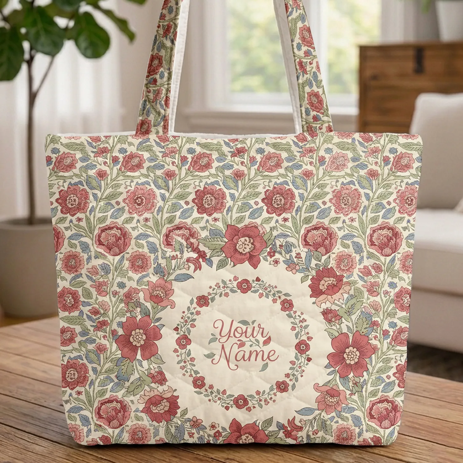 Personalized Floral Wreath Flowers Leaves Vines - Everyday Lifestyle Accessory Quilted Tote Bag - 1