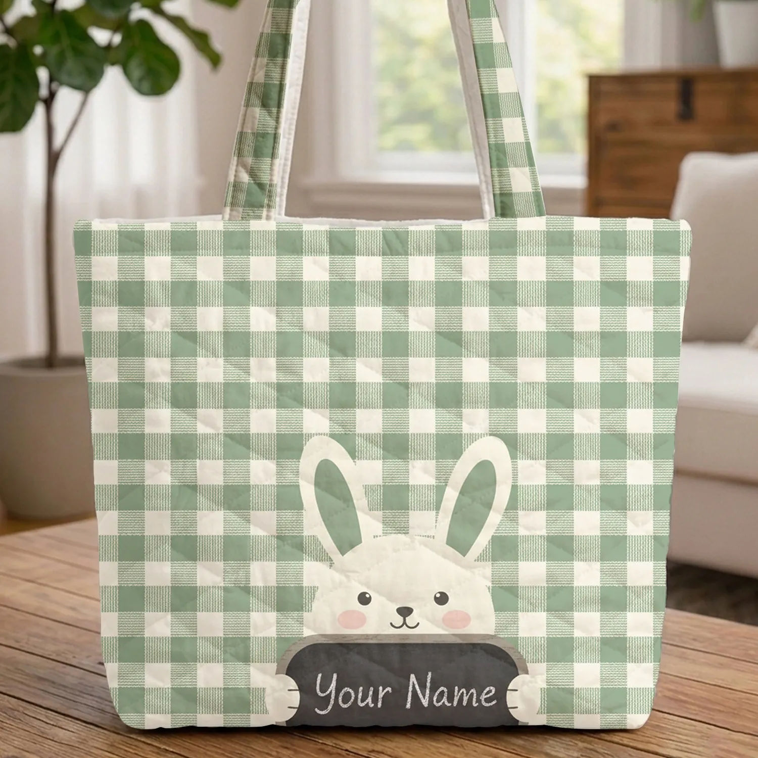 Bunny Chalkboard Name Sign Gingham Check Background - Everyday Tote Gift Quilted Tote Bag - 1